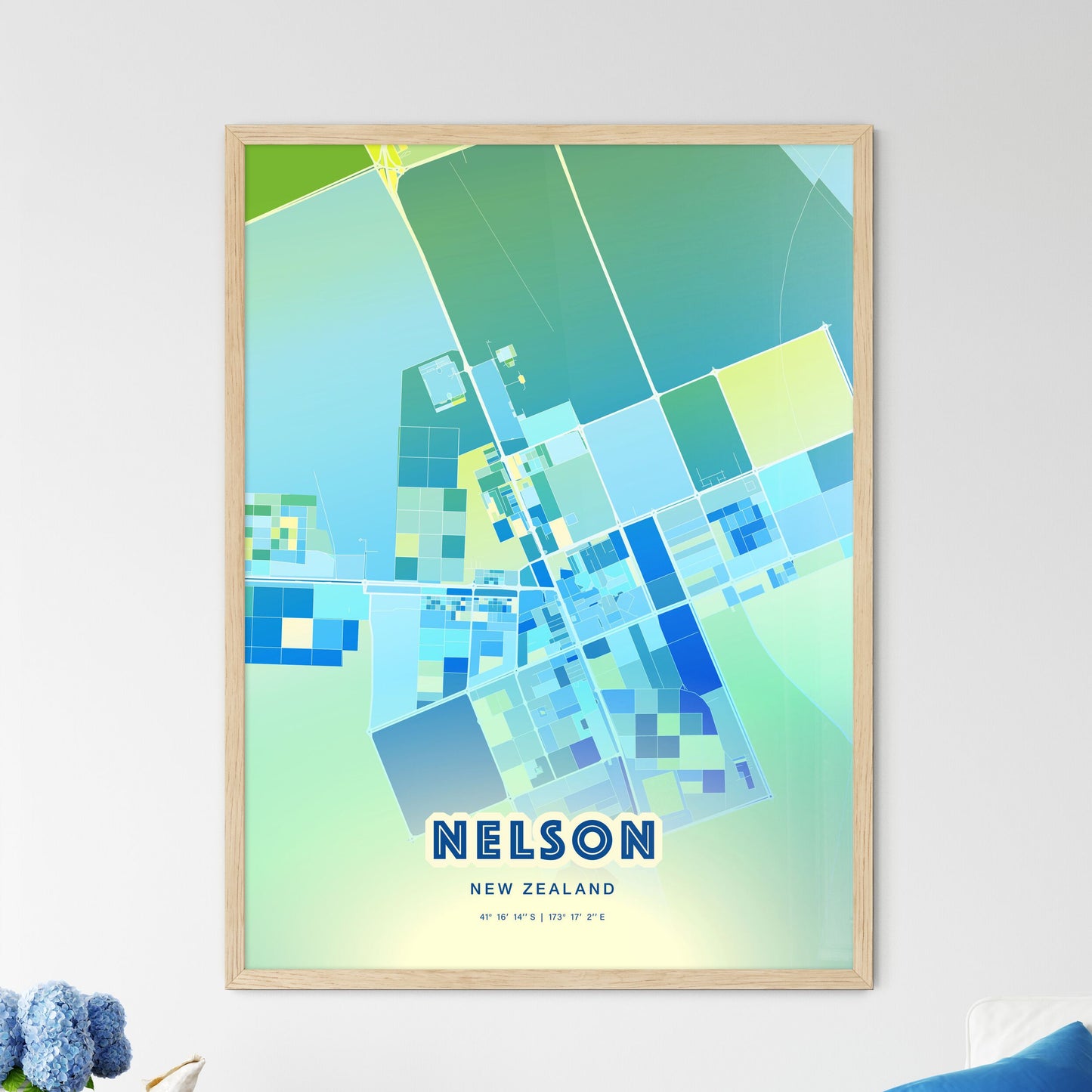 Colorful NELSON NEW ZEALAND Fine Art Map Cool Blue