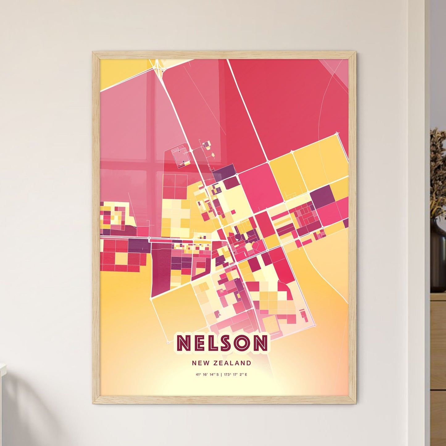 Colorful NELSON NEW ZEALAND Fine Art Map Hot Red