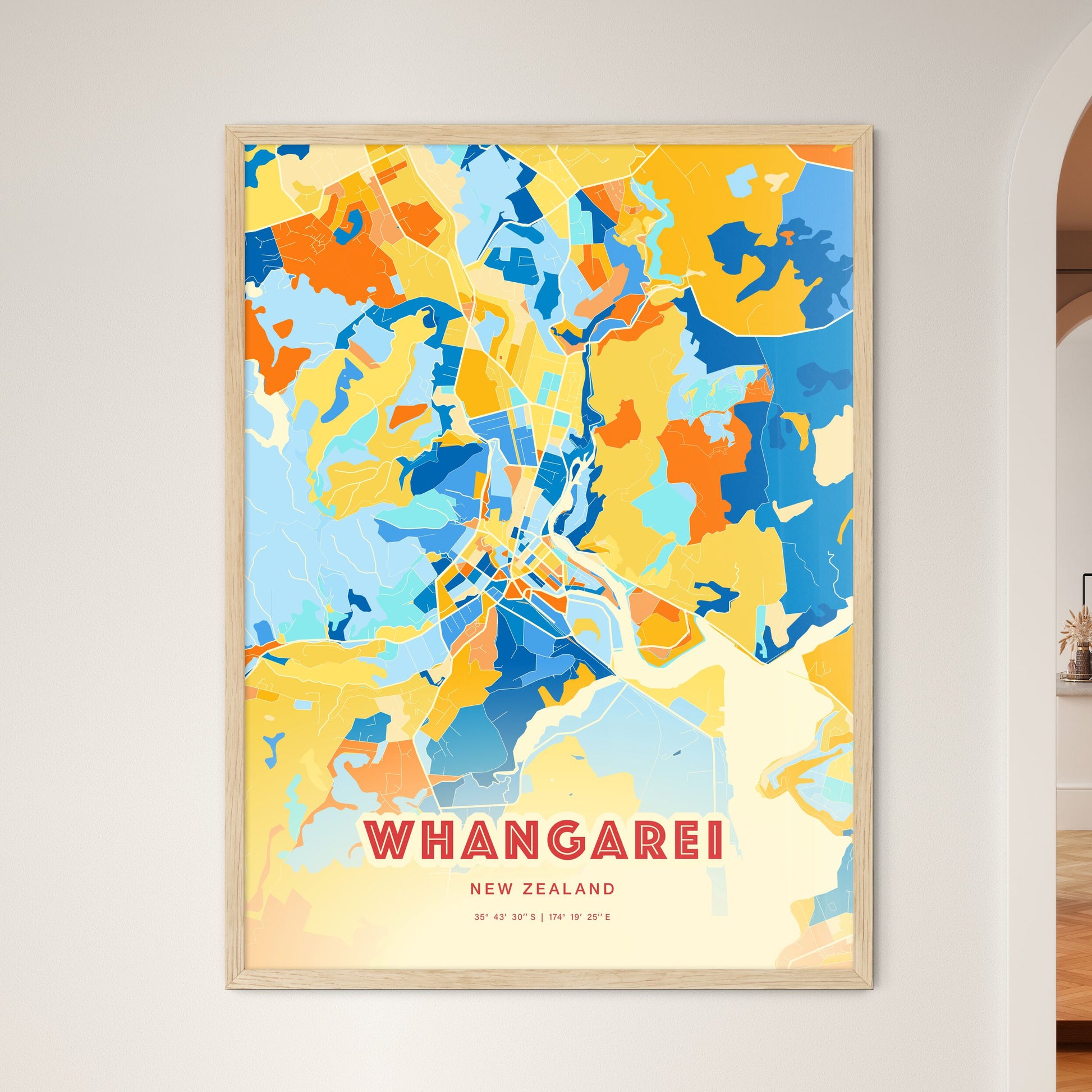 Colorful WHANGAREI NEW ZEALAND Fine Art Map Blue Orange