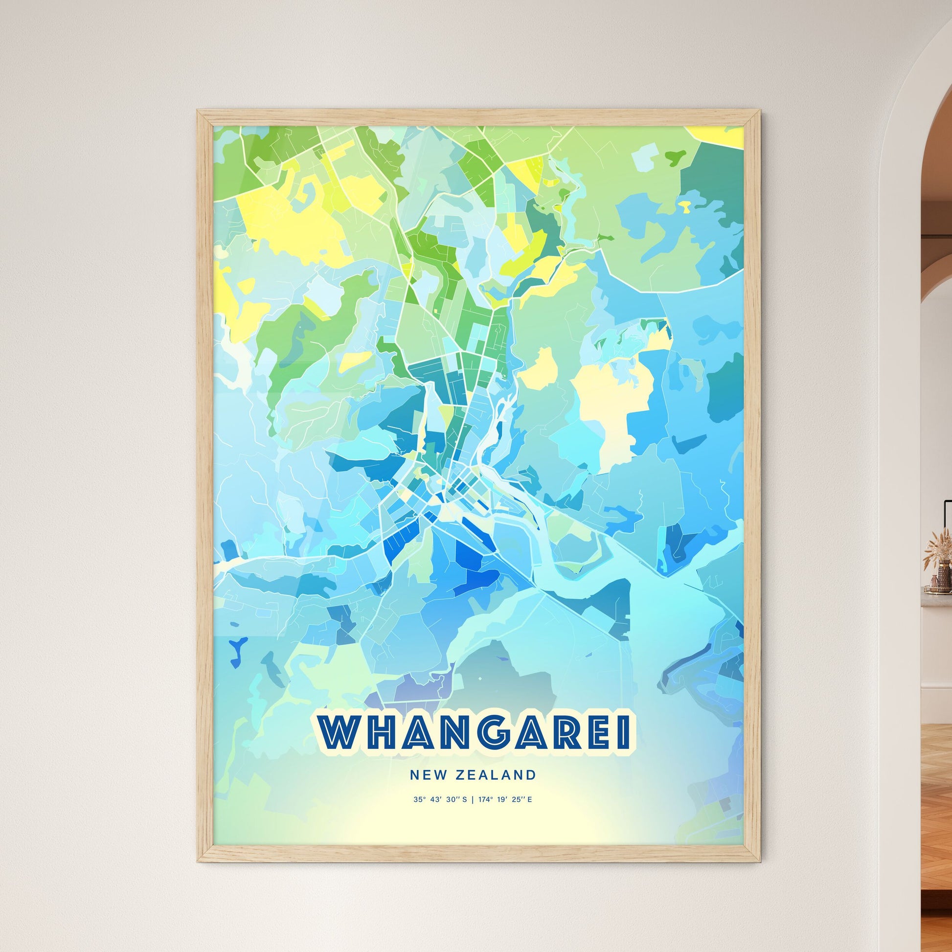 Colorful WHANGAREI NEW ZEALAND Fine Art Map Cool Blue