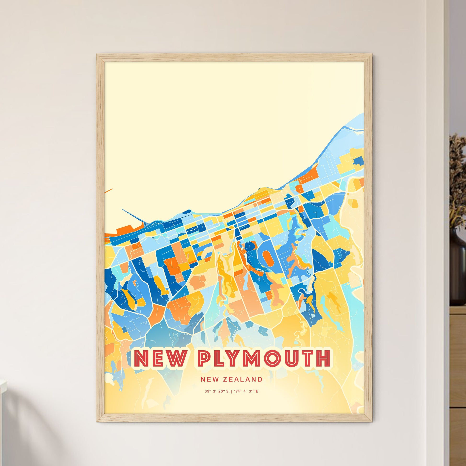 Colorful NEW PLYMOUTH NEW ZEALAND Fine Art Map Blue Orange