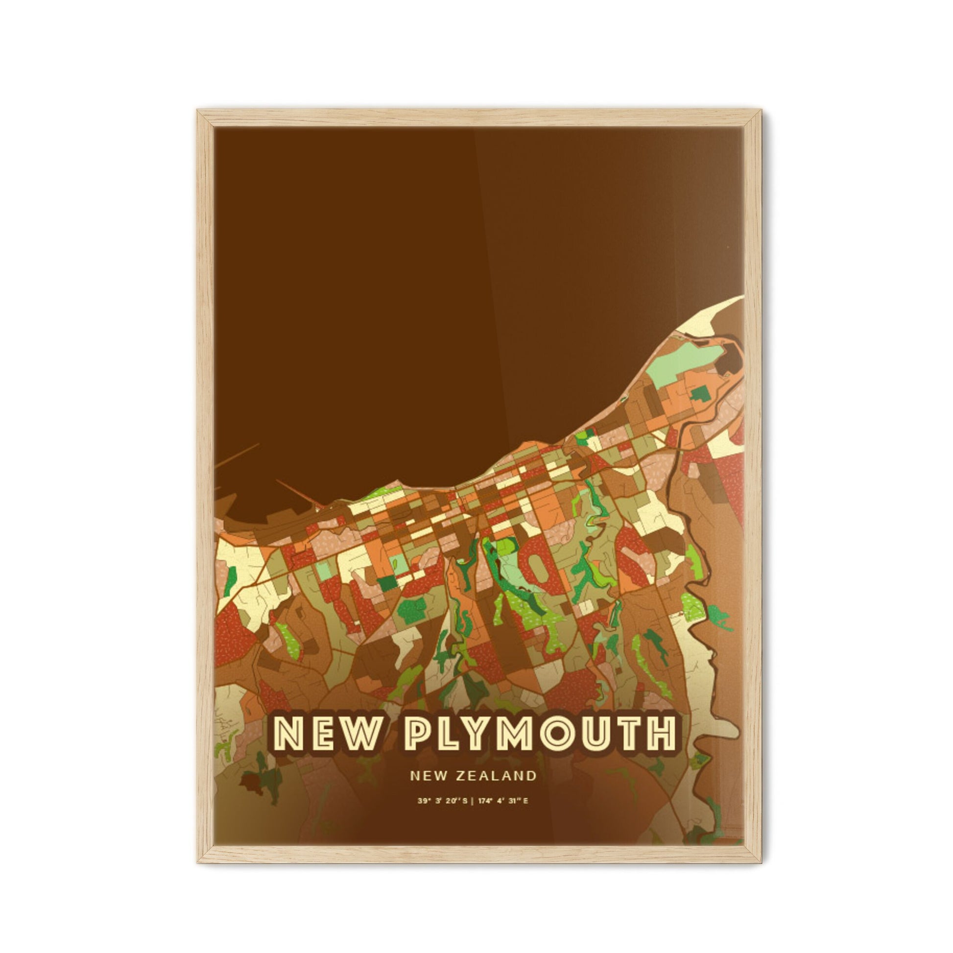 Colorful NEW PLYMOUTH NEW ZEALAND Fine Art Map Farmhouse