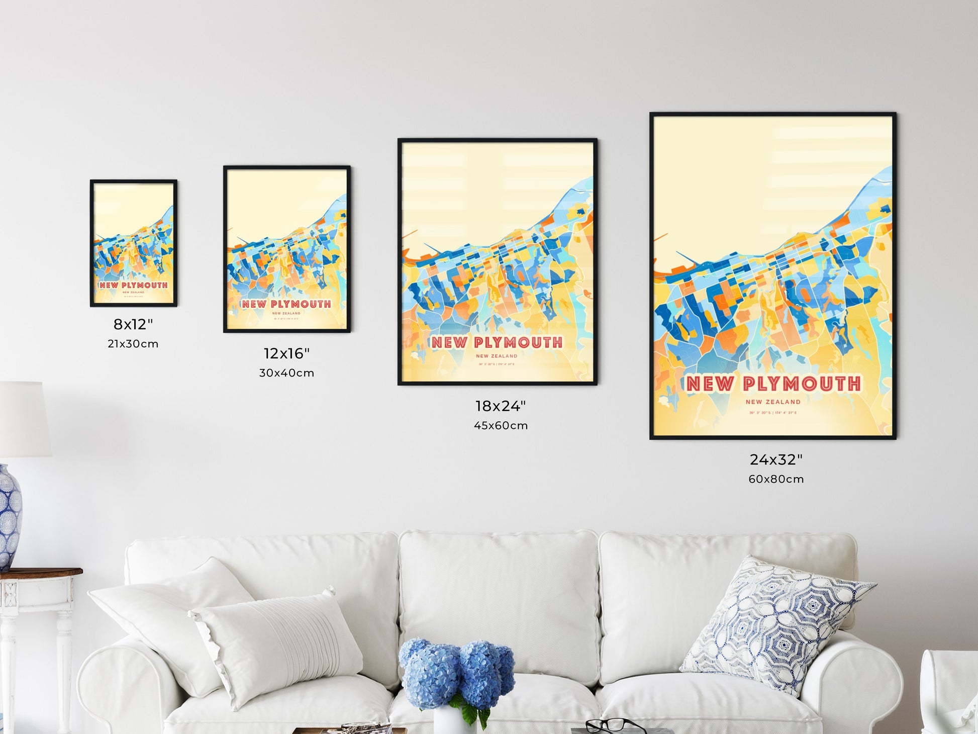 Colorful NEW PLYMOUTH NEW ZEALAND Fine Art Map Blue Orange