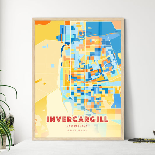 Colorful INVERCARGILL NEW ZEALAND Fine Art Map Blue Orange