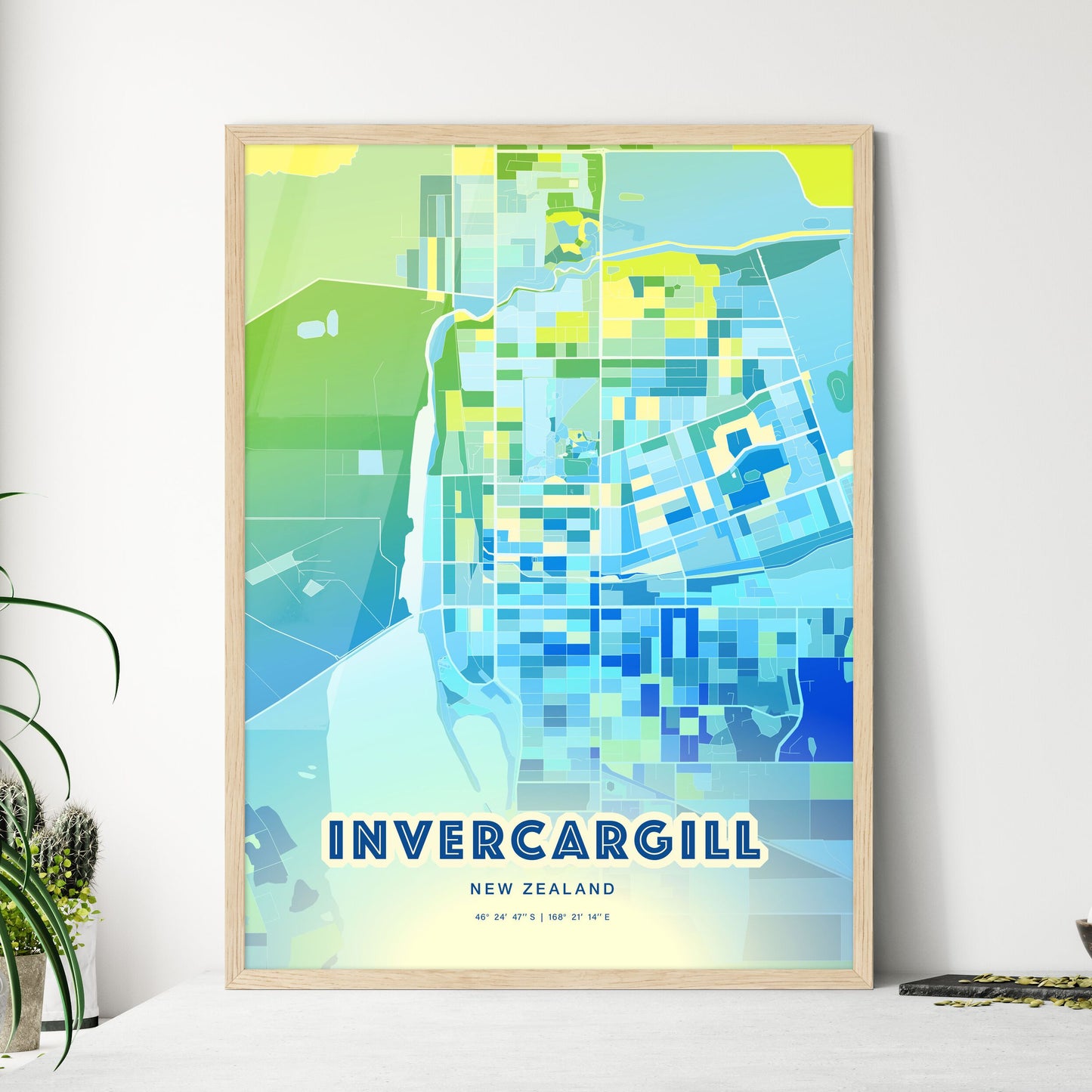 Colorful INVERCARGILL NEW ZEALAND Fine Art Map Cool Blue