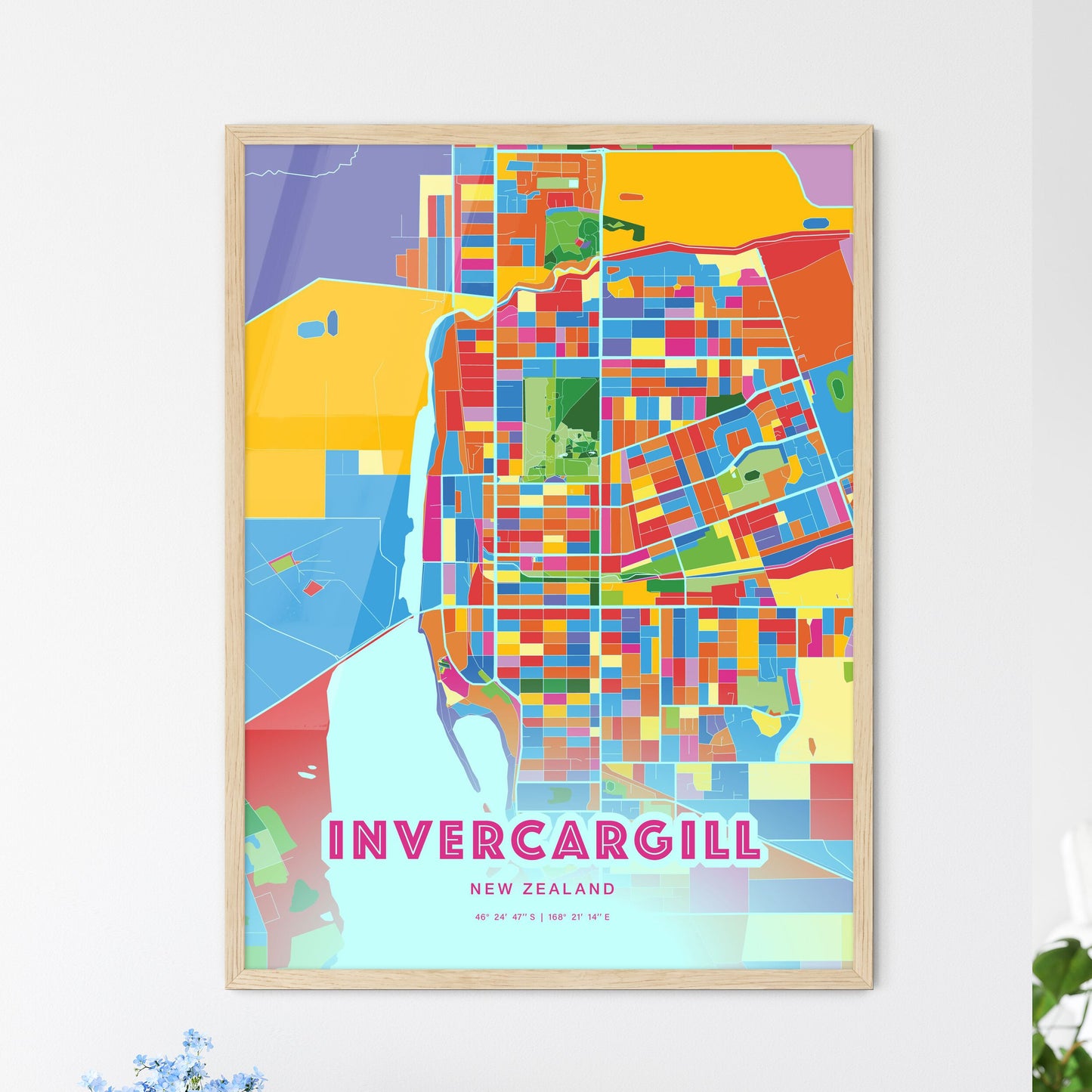 Colorful INVERCARGILL NEW ZEALAND Fine Art Map Crazy Colors