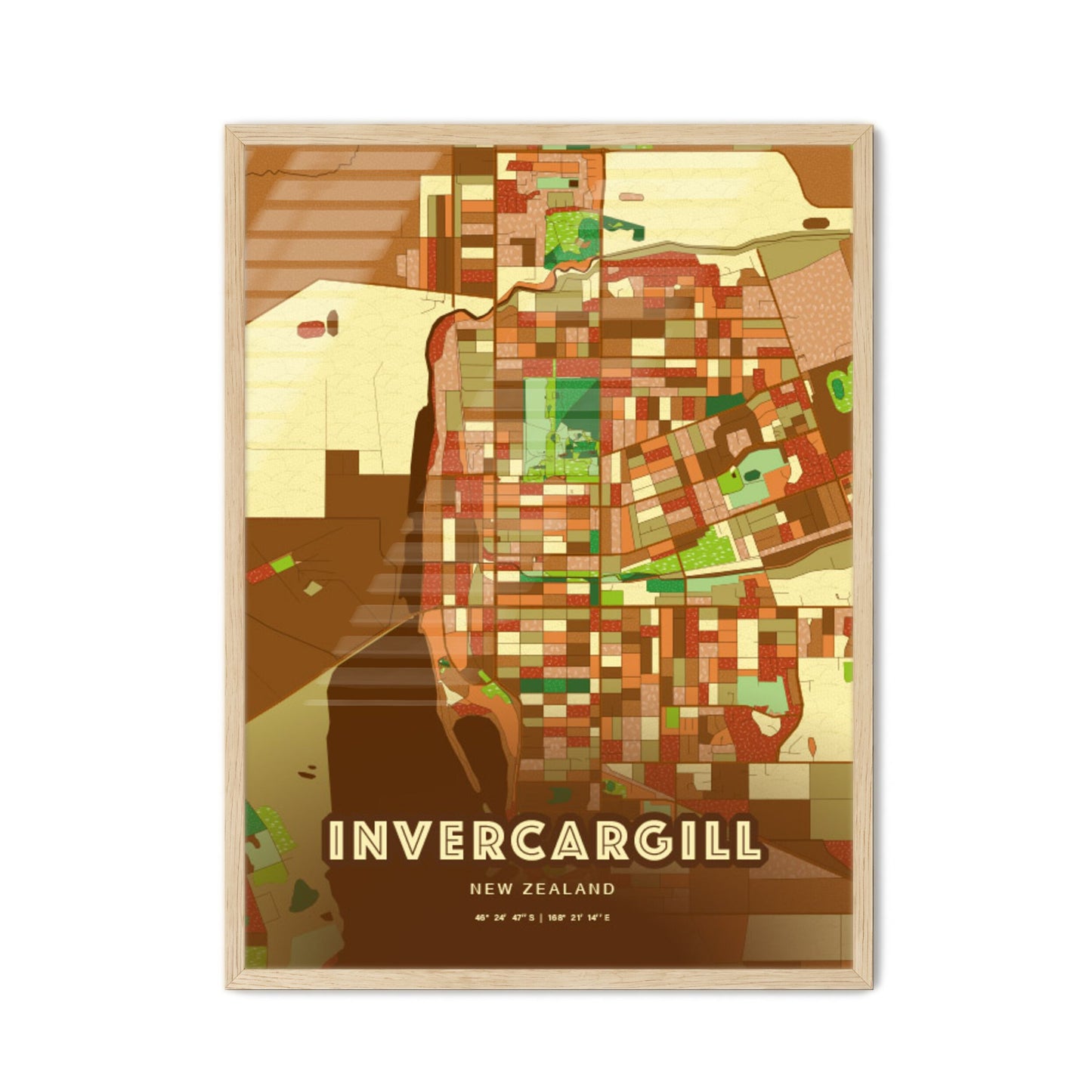 Colorful INVERCARGILL NEW ZEALAND Fine Art Map Farmhouse