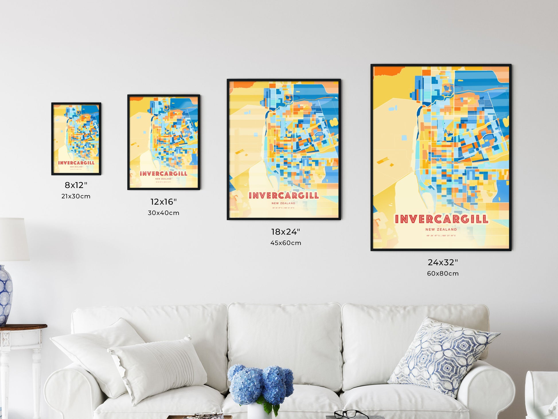 Colorful INVERCARGILL NEW ZEALAND Fine Art Map Blue Orange