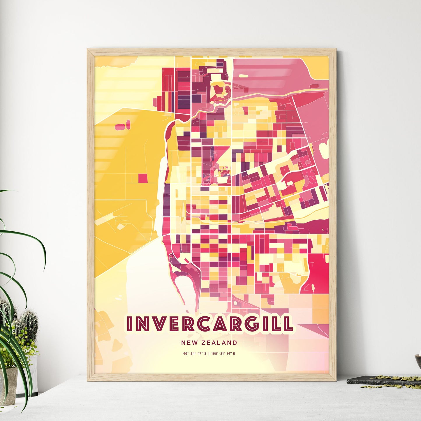 Colorful INVERCARGILL NEW ZEALAND Fine Art Map Hot Red