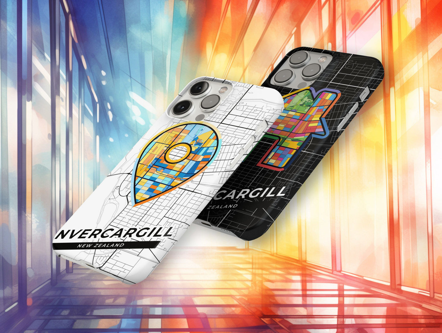 Invercargill New Zealand slim phone case with colorful icon. Birthday, wedding or housewarming gift. Couple match cases.