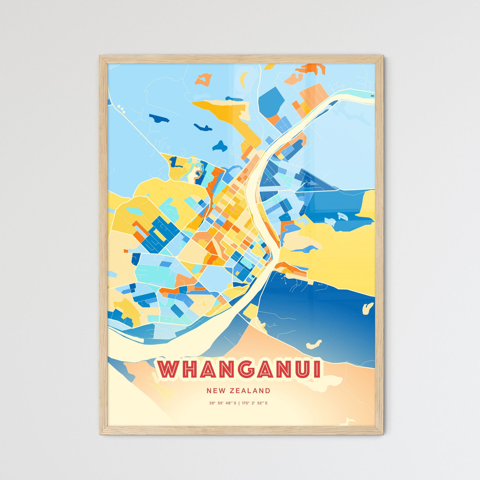 Colorful WHANGANUI NEW ZEALAND Fine Art Map Blue Orange