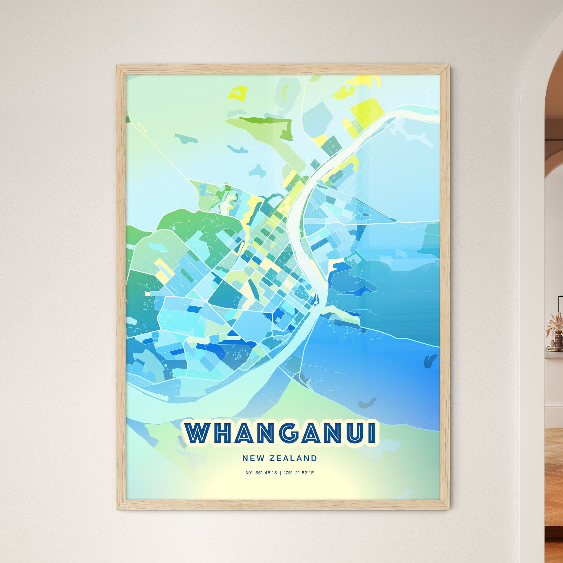 Colorful WHANGANUI NEW ZEALAND Fine Art Map Cool Blue