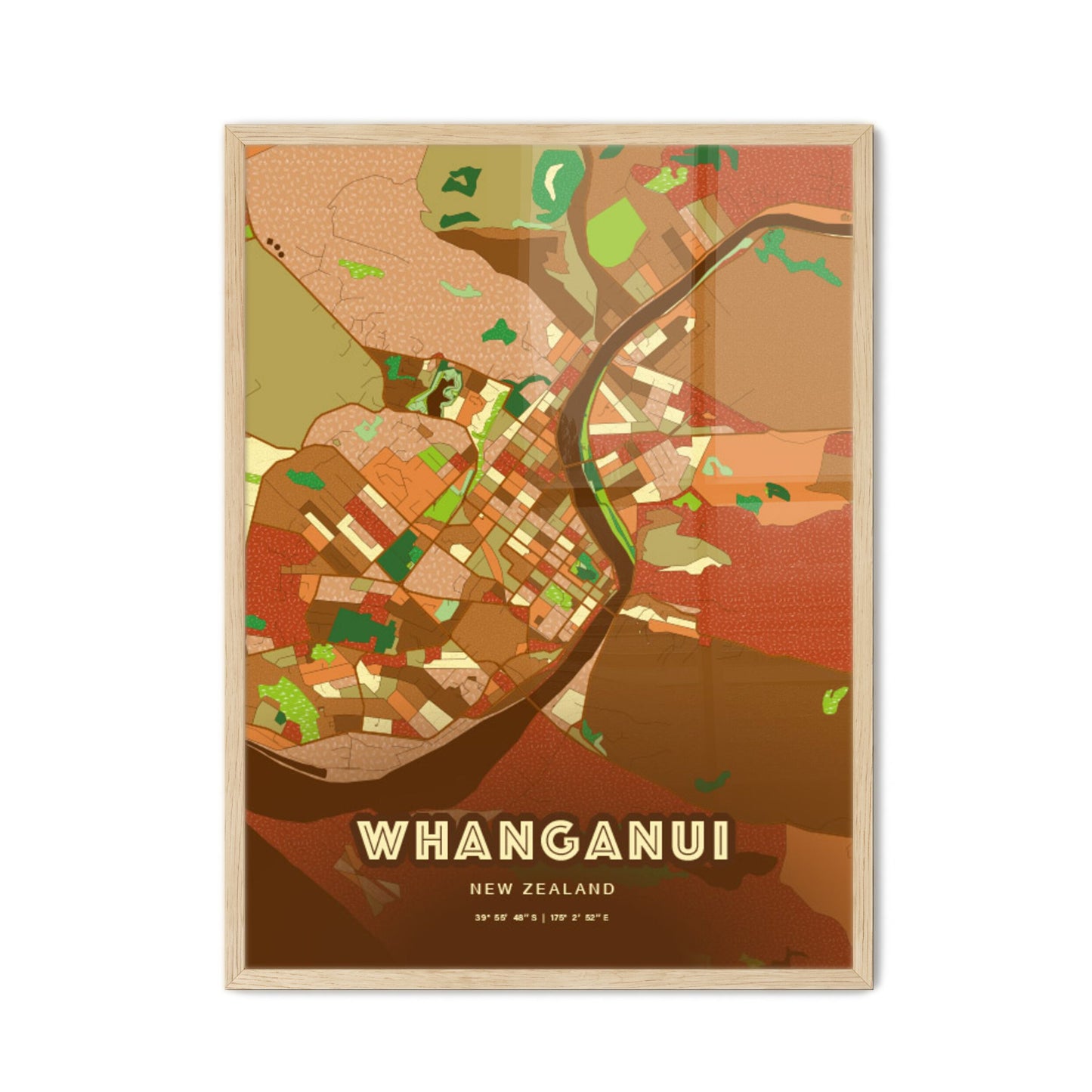 Colorful WHANGANUI NEW ZEALAND Fine Art Map Farmhouse