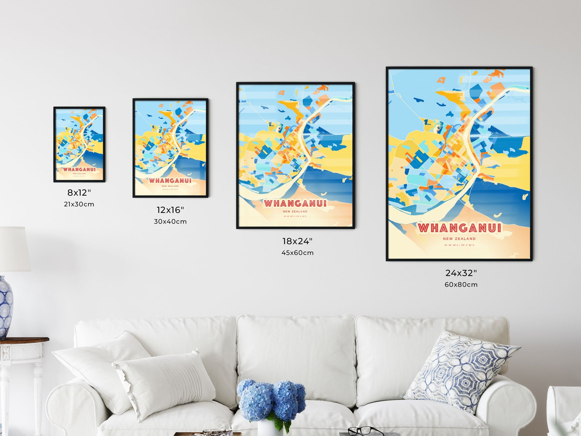 Colorful WHANGANUI NEW ZEALAND Fine Art Map Blue Orange