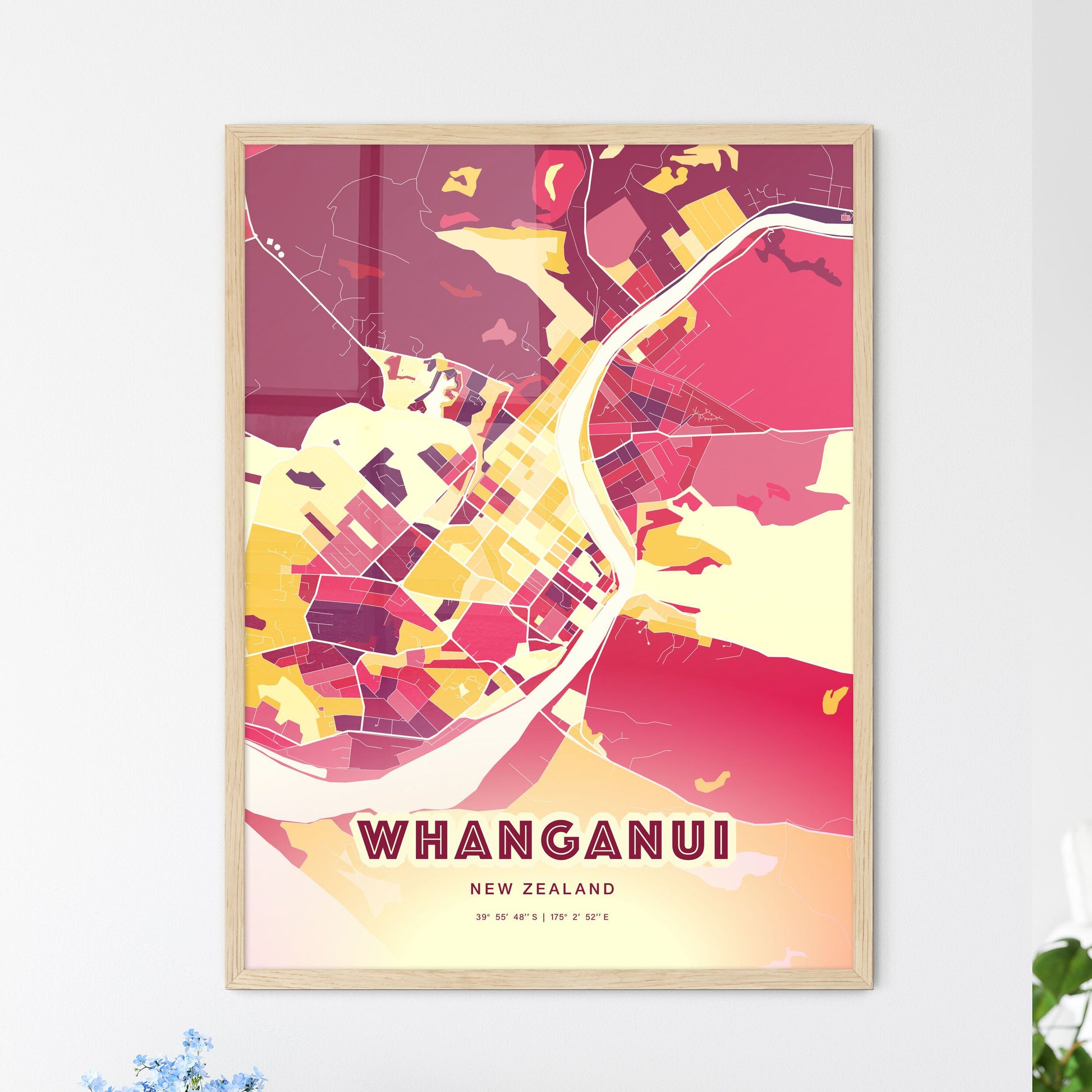 Colorful WHANGANUI NEW ZEALAND Fine Art Map Hot Red