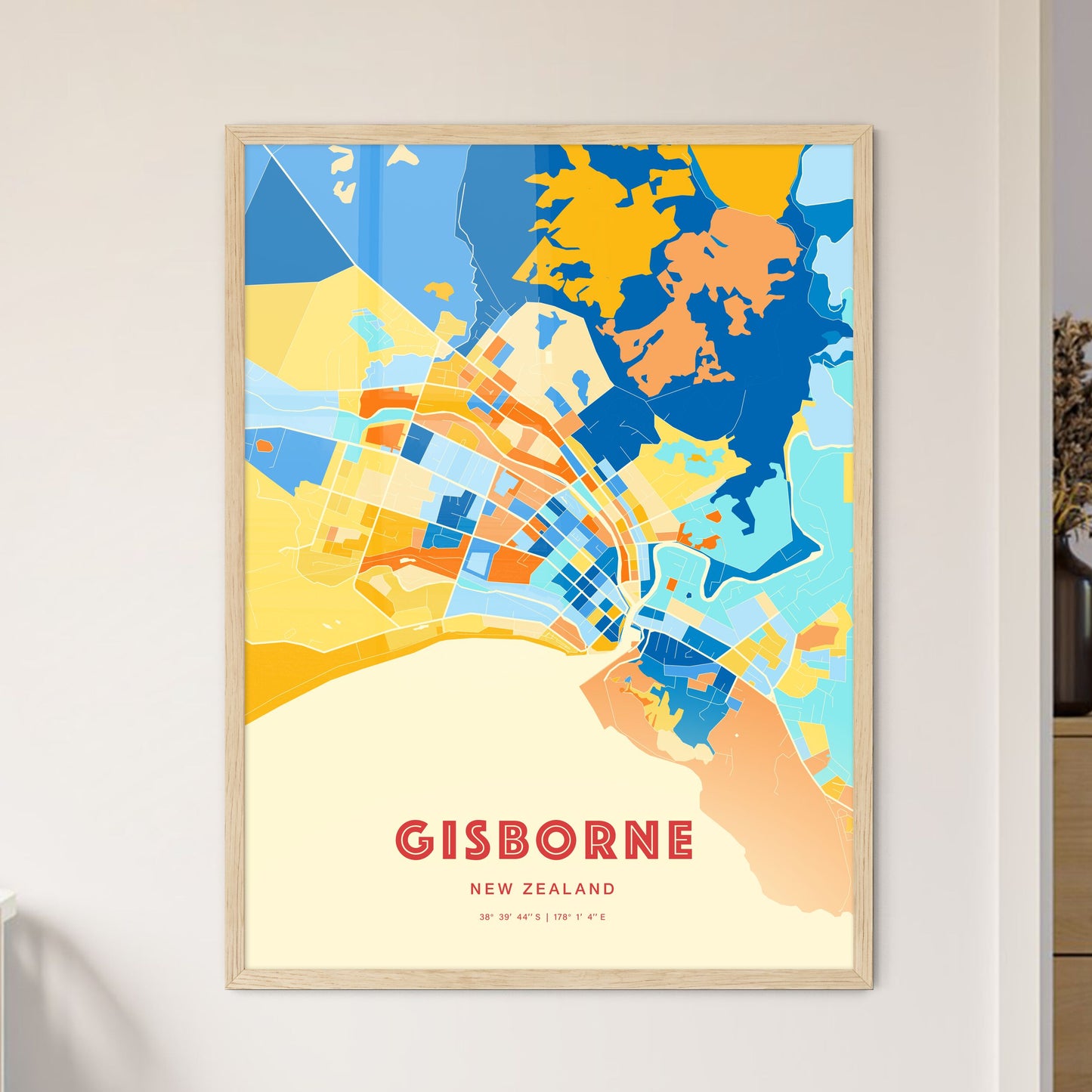 Colorful GISBORNE NEW ZEALAND Fine Art Map Blue Orange