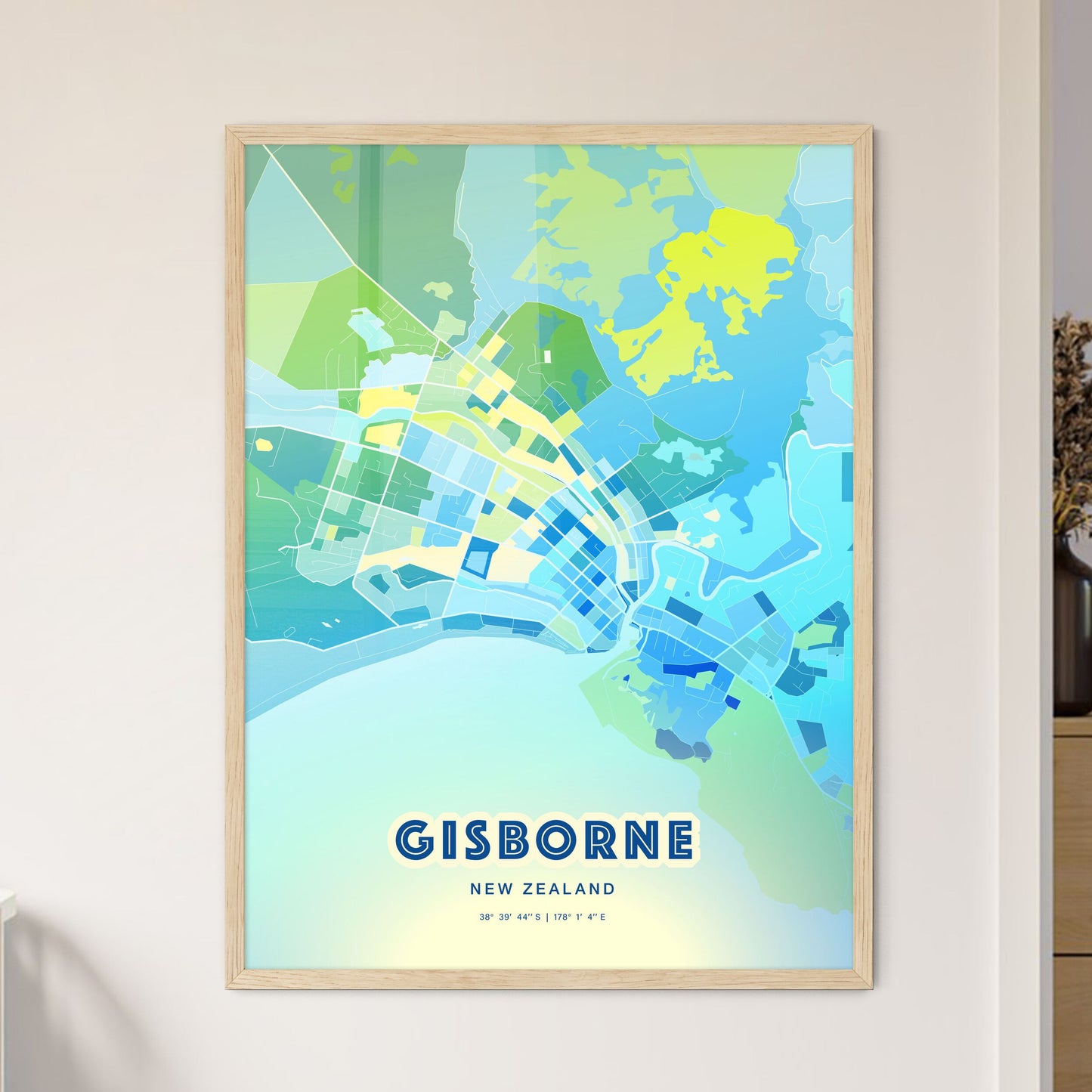 Colorful GISBORNE NEW ZEALAND Fine Art Map Cool Blue