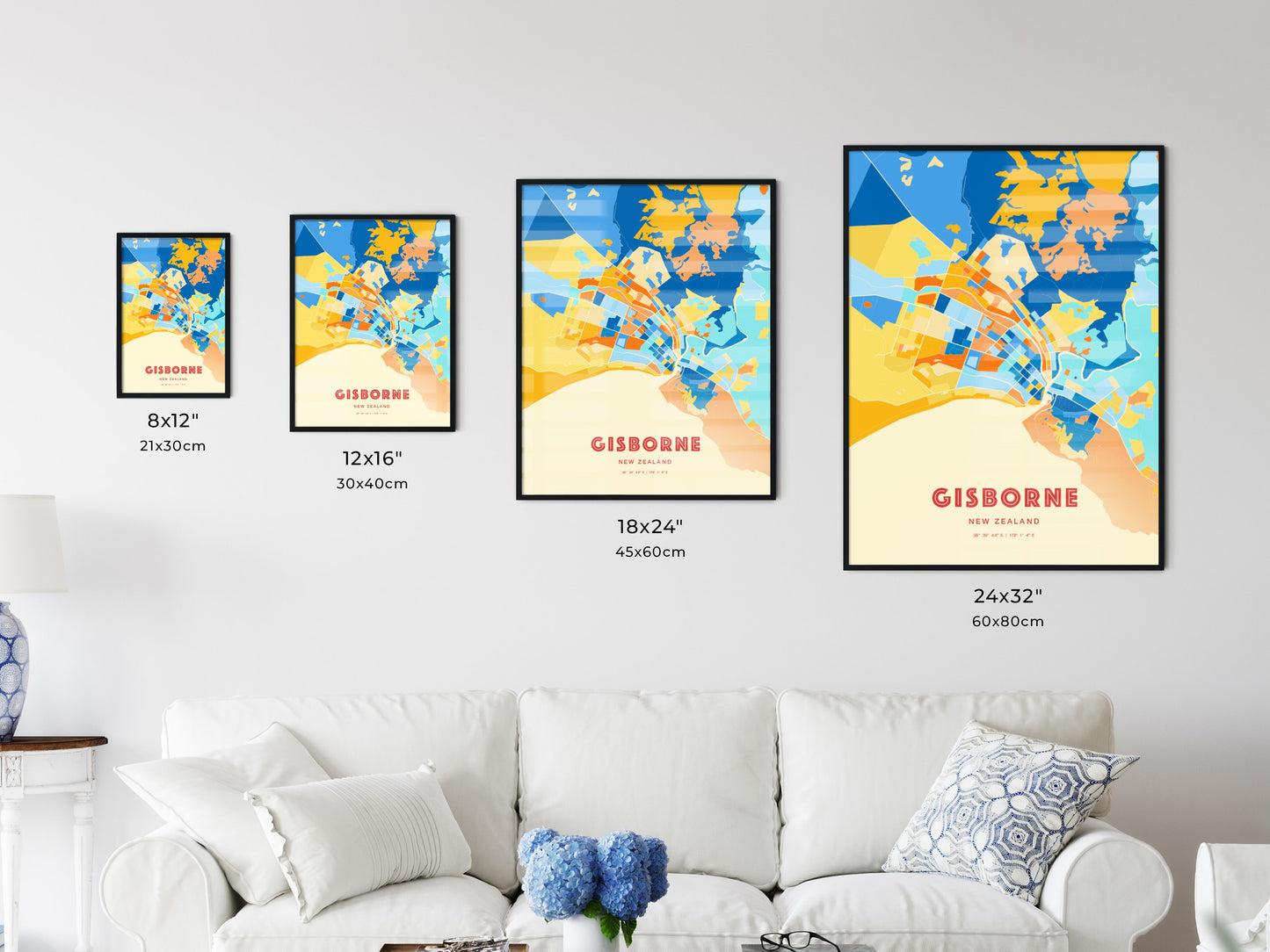 Colorful GISBORNE NEW ZEALAND Fine Art Map Blue Orange