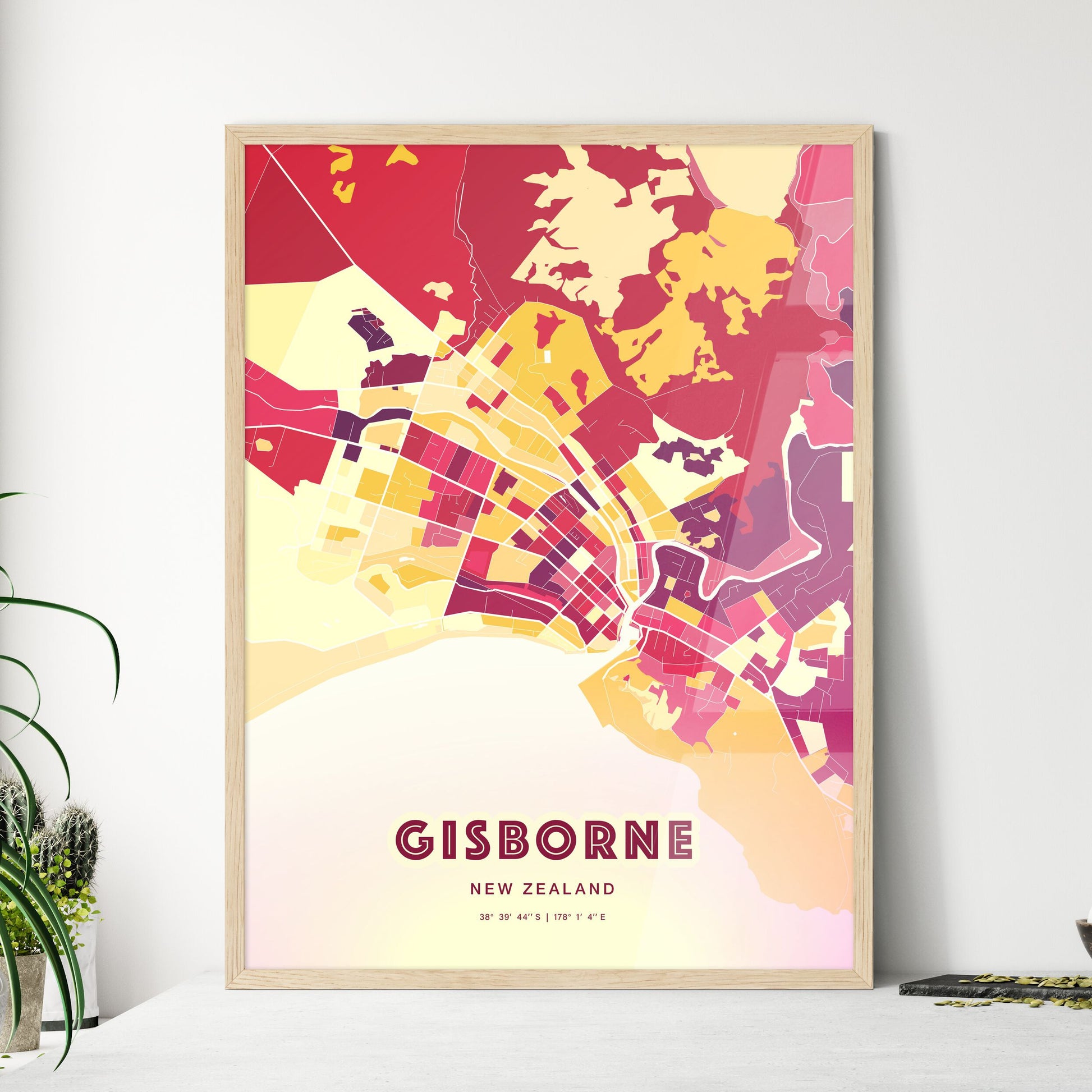 Colorful GISBORNE NEW ZEALAND Fine Art Map Hot Red