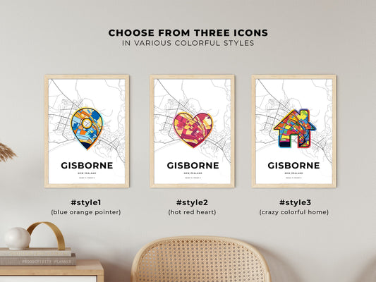 Gisborne New Zealand maps with colorful icons