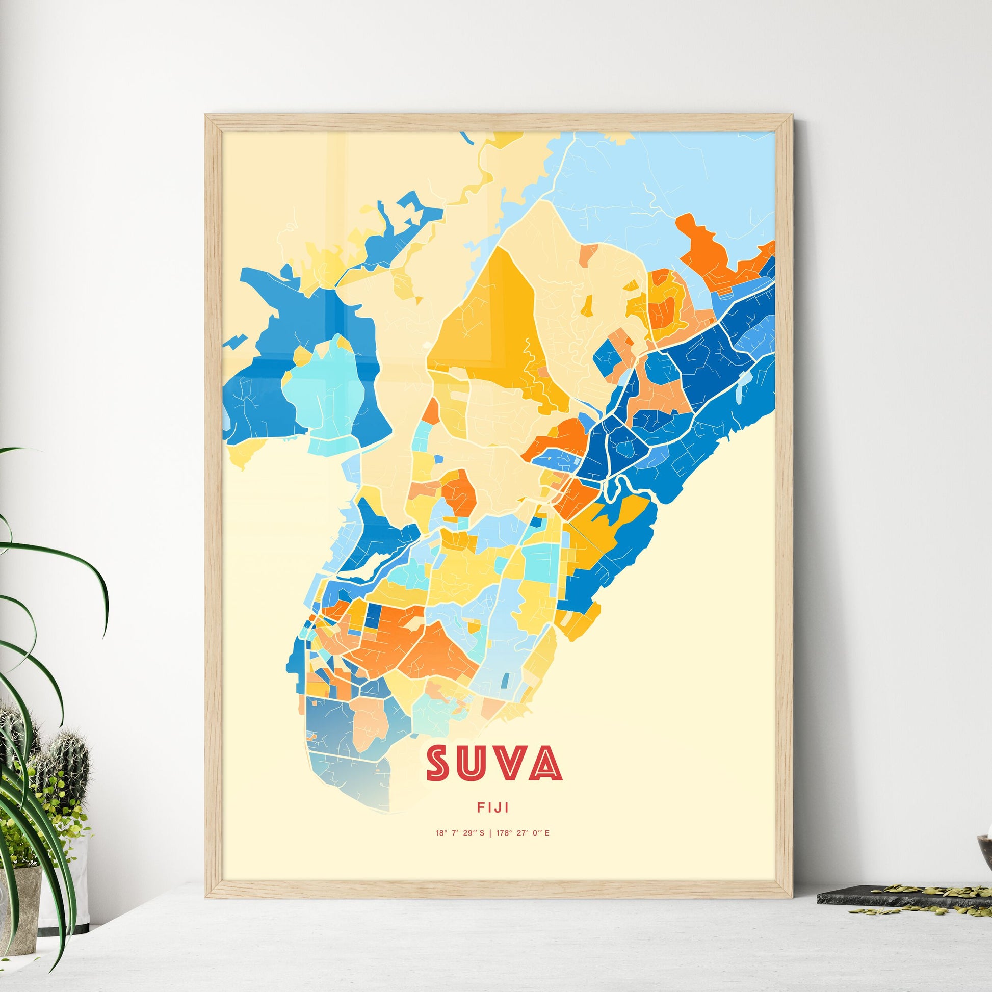 Colorful SUVA FIJI Fine Art Map Blue Orange