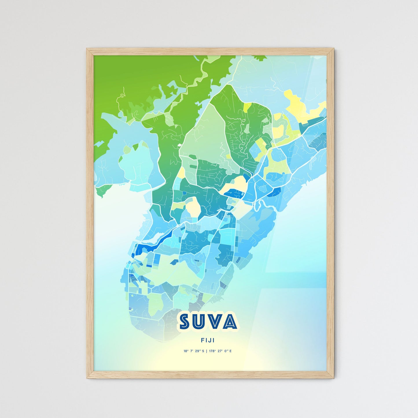 Colorful SUVA FIJI Fine Art Map Cool Blue