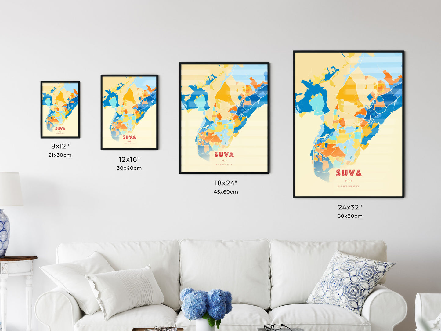 Colorful SUVA FIJI Fine Art Map Blue Orange