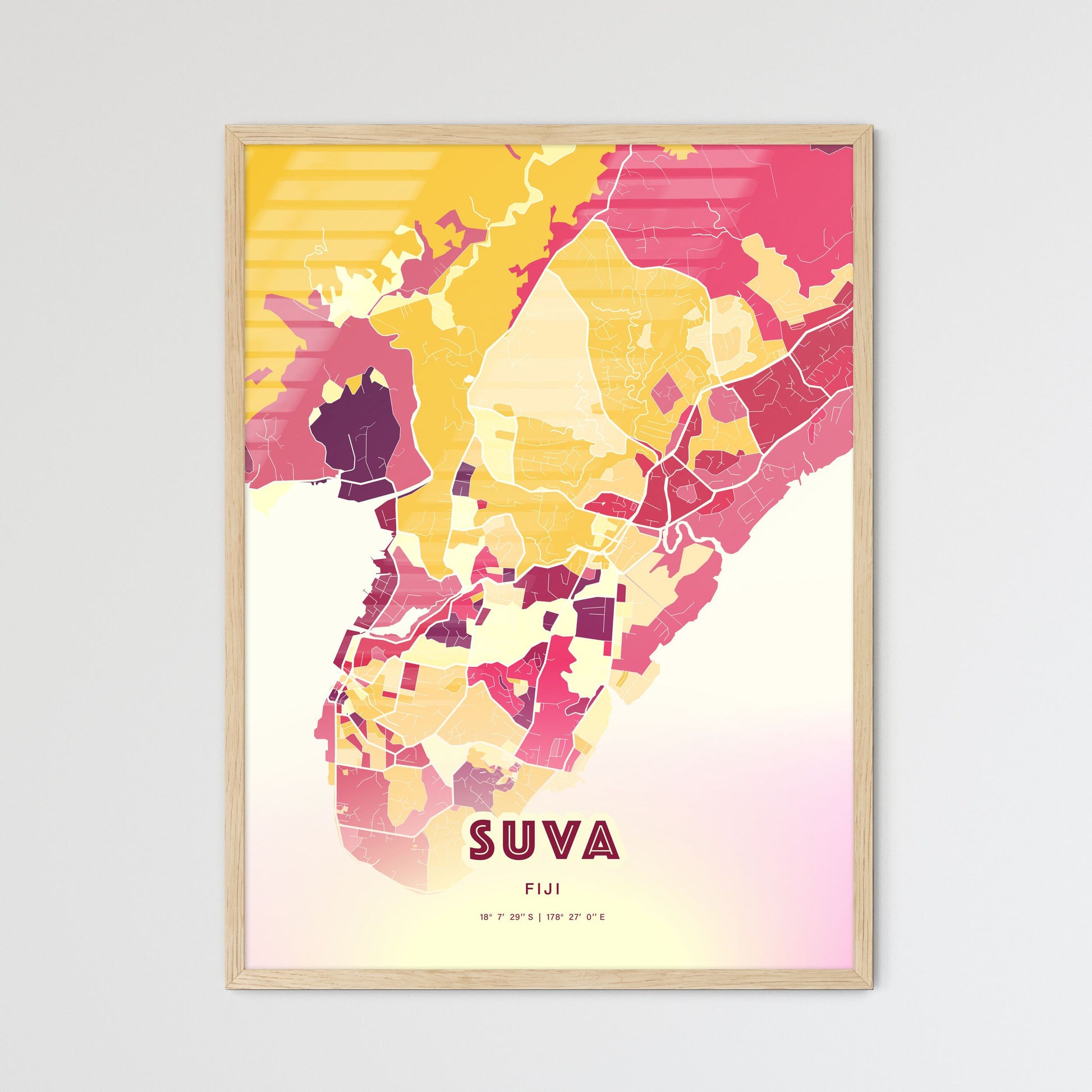 Colorful SUVA FIJI Fine Art Map Hot Red