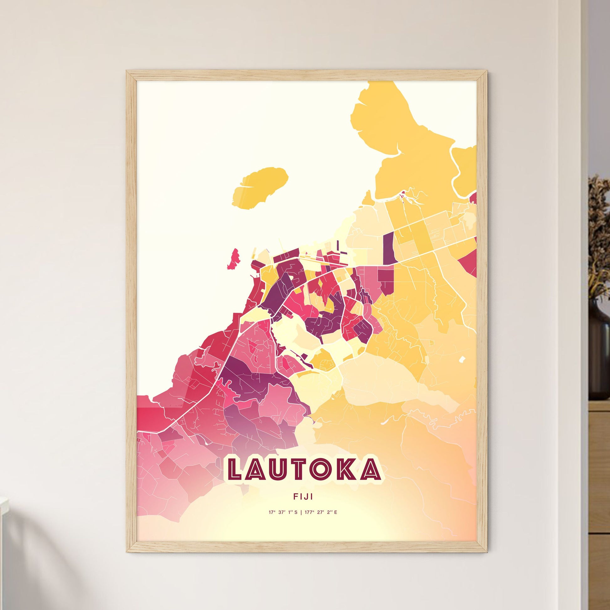 Colorful LAUTOKA FIJI Fine Art Map Hot Red