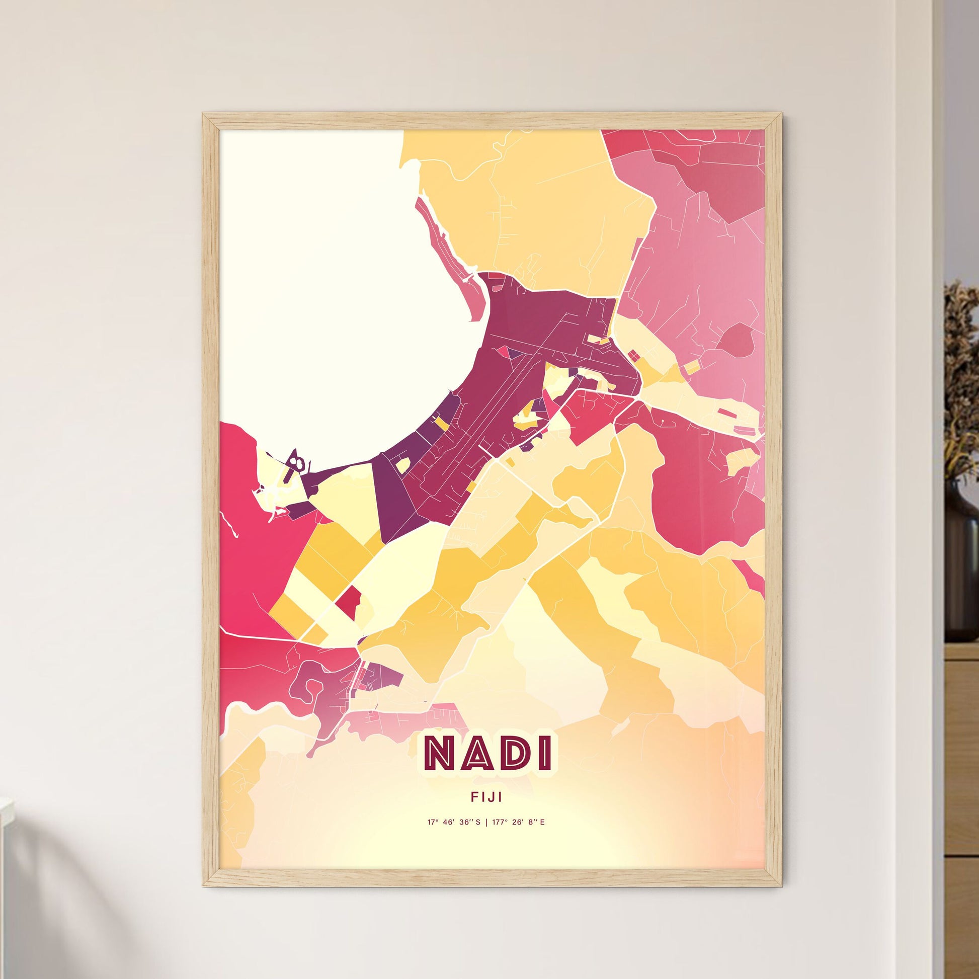 Colorful NADI FIJI Fine Art Map Hot Red