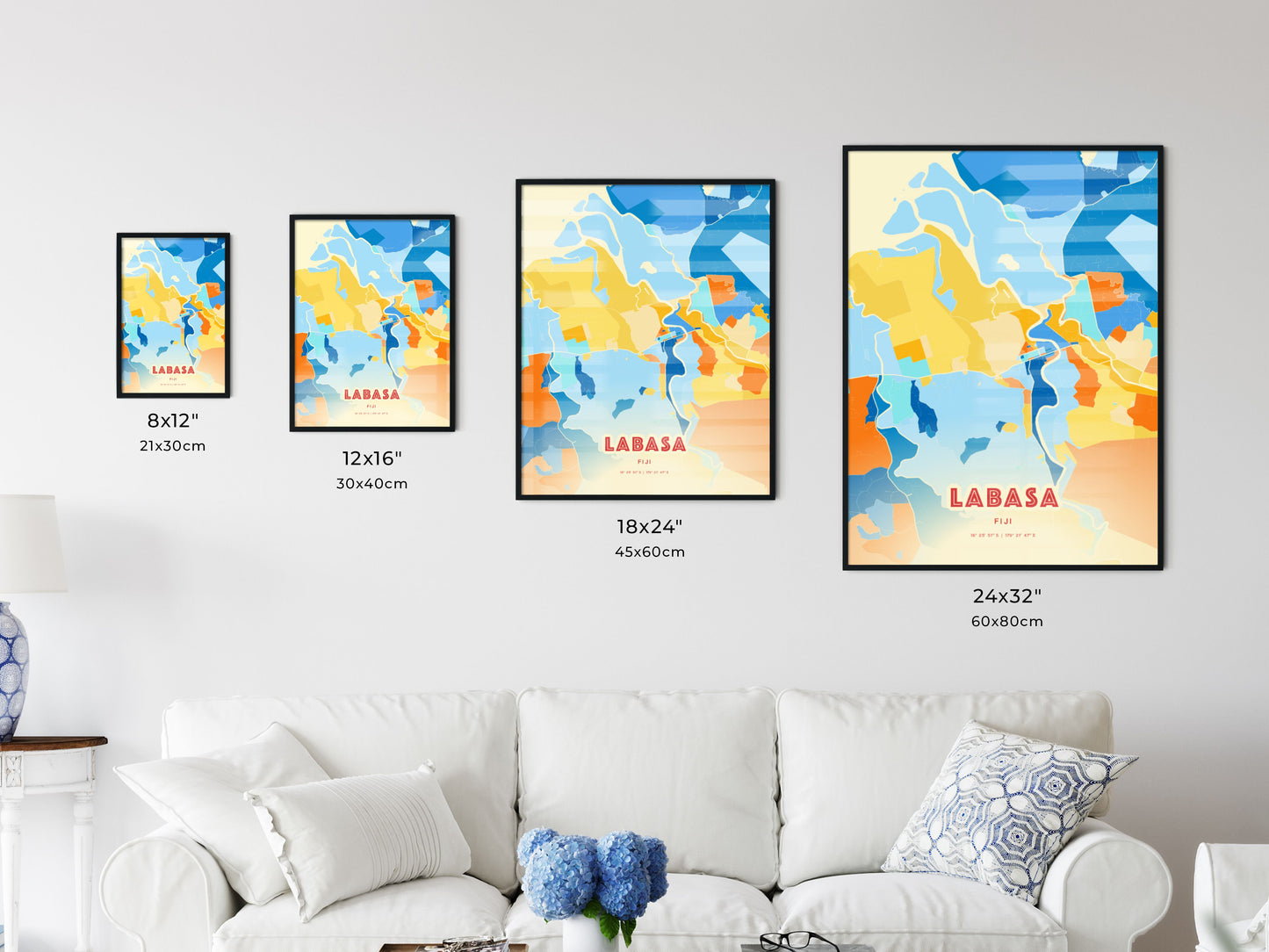 Colorful LABASA FIJI Fine Art Map Blue Orange