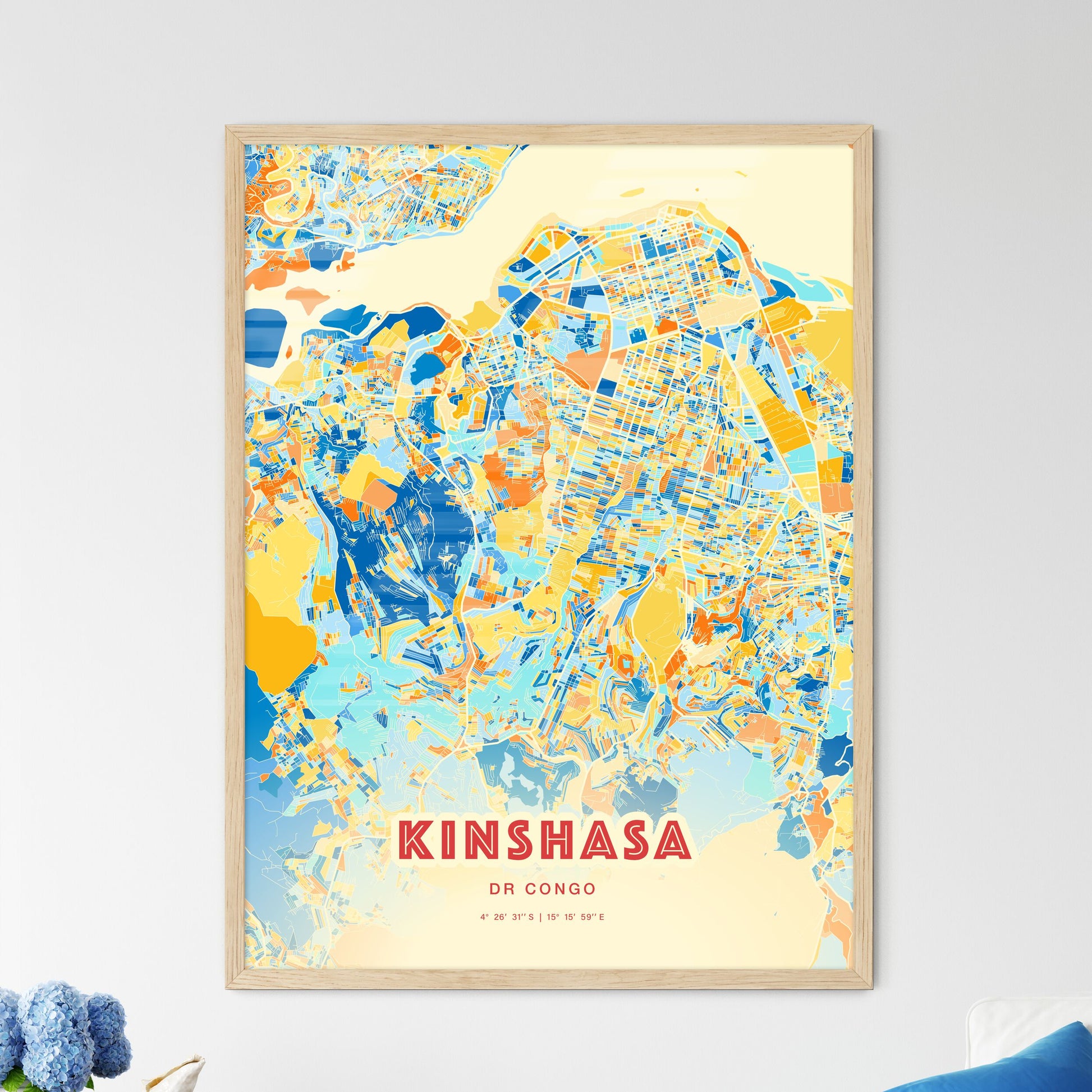 Colorful Kinshasa Dr Congo Fine Art Map Blue Orange