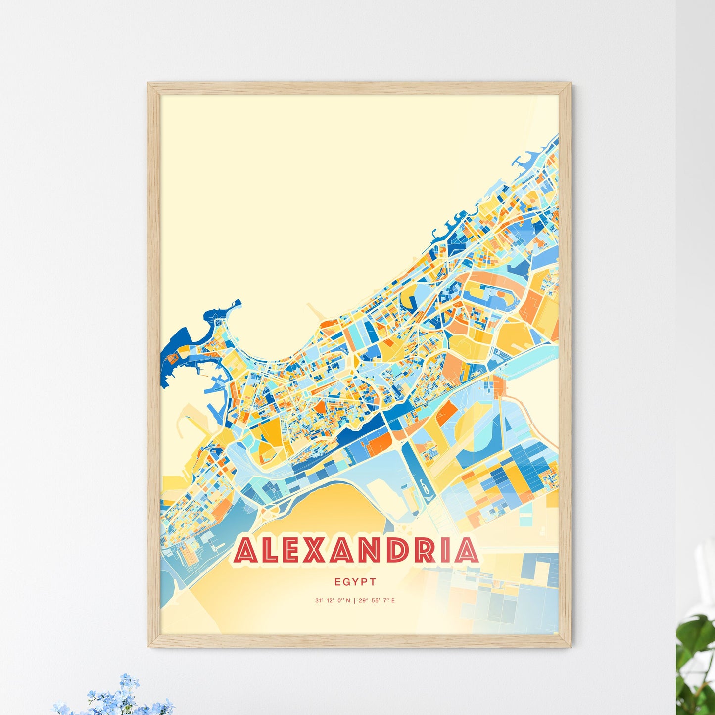 Colorful Alexandria Egypt Fine Art Map Blue Orange