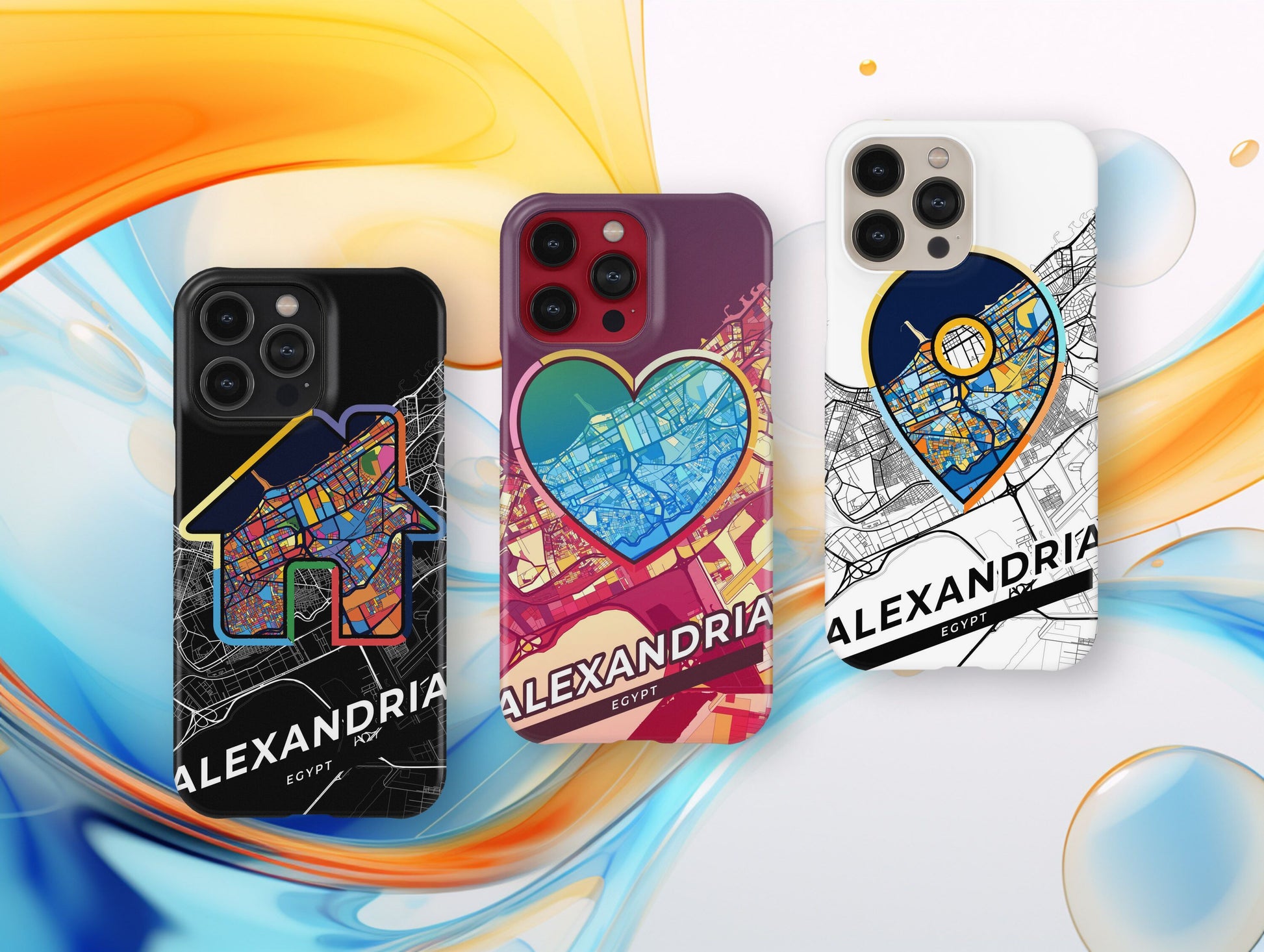 Alexandria Egypt slim phone case with colorful icon. Birthday, wedding or housewarming gift. Couple match cases.