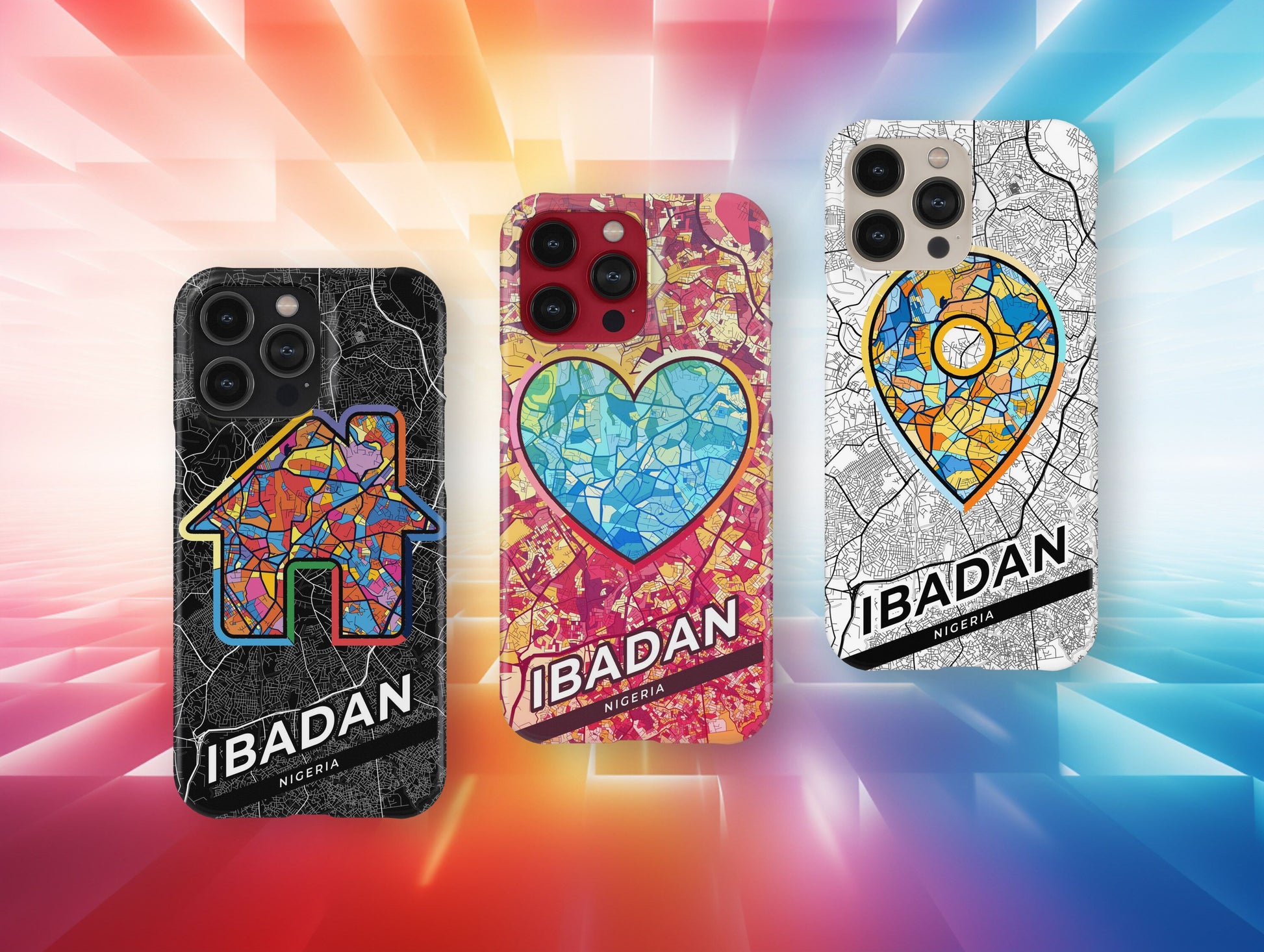 Ibadan Nigeria slim phone case with colorful icon. Birthday, wedding or housewarming gift. Couple match cases.