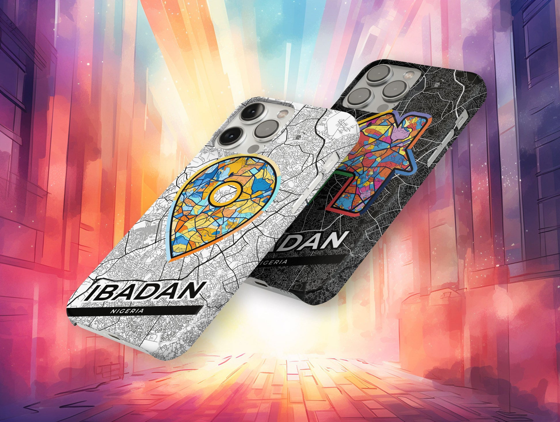 Ibadan Nigeria slim phone case with colorful icon. Birthday, wedding or housewarming gift. Couple match cases.