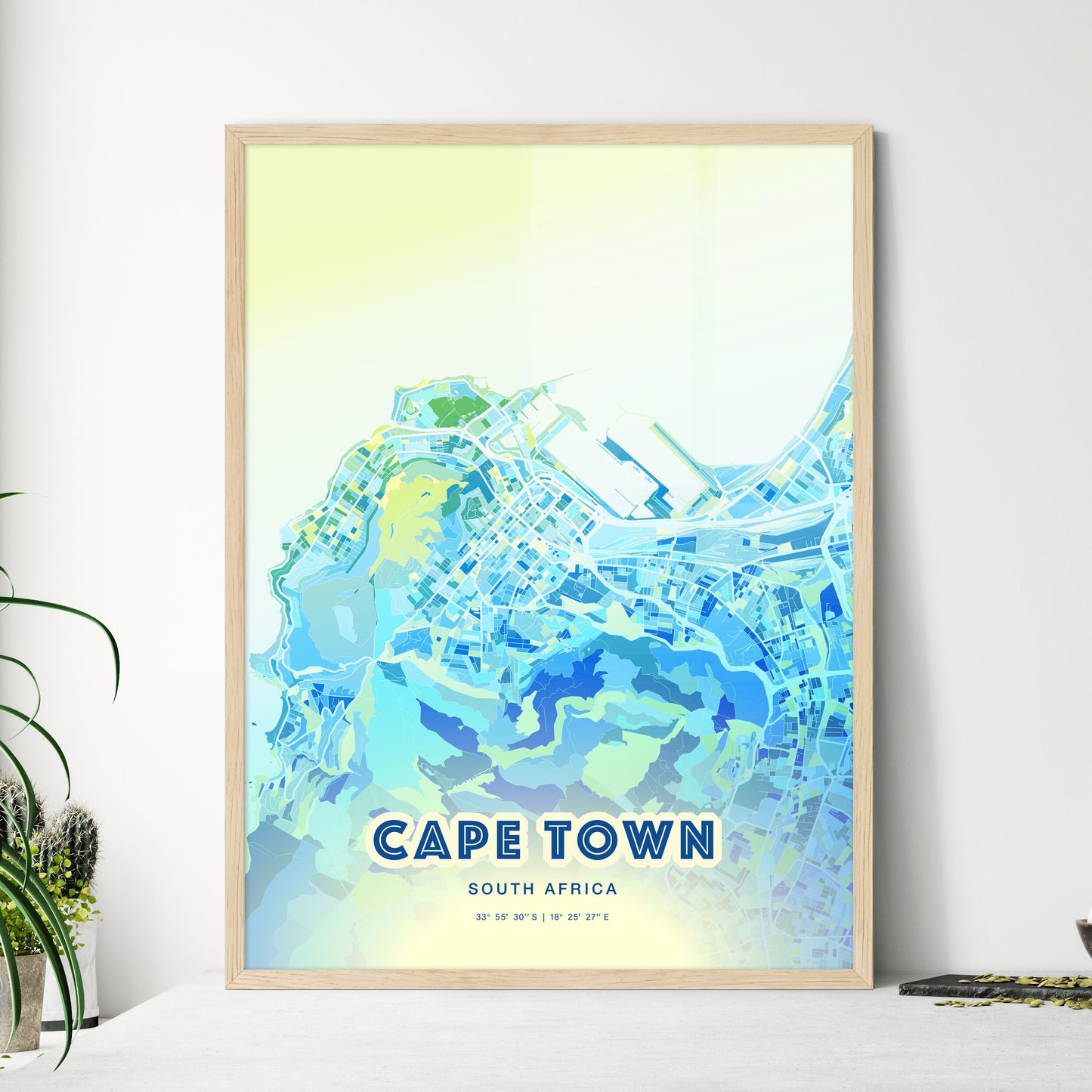 Colorful CAPE TOWN SOUTH AFRICA Fine Art Map Cool Blue