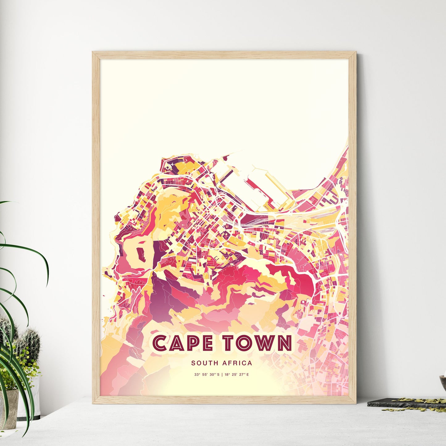 Colorful CAPE TOWN SOUTH AFRICA Fine Art Map Hot Red