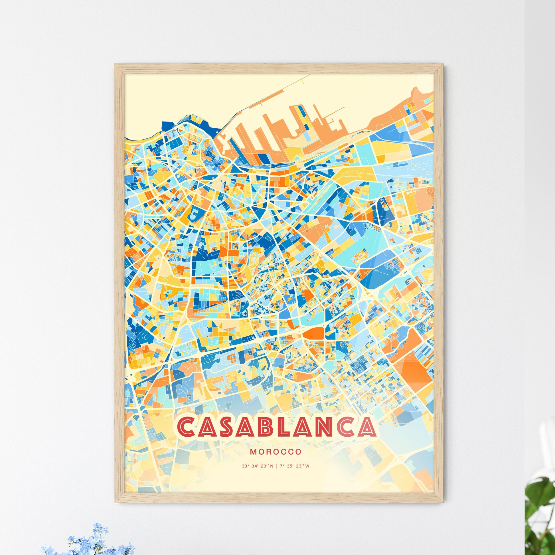 Colorful Casablanca Morocco Fine Art Map Blue Orange