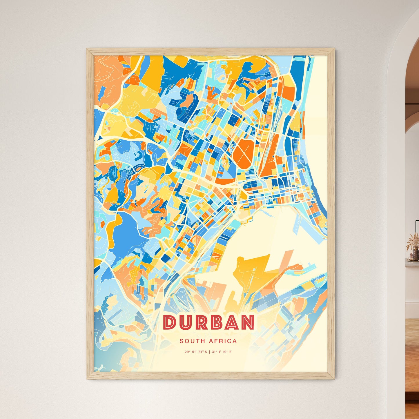 Colorful Durban South Africa Fine Art Map Blue Orange