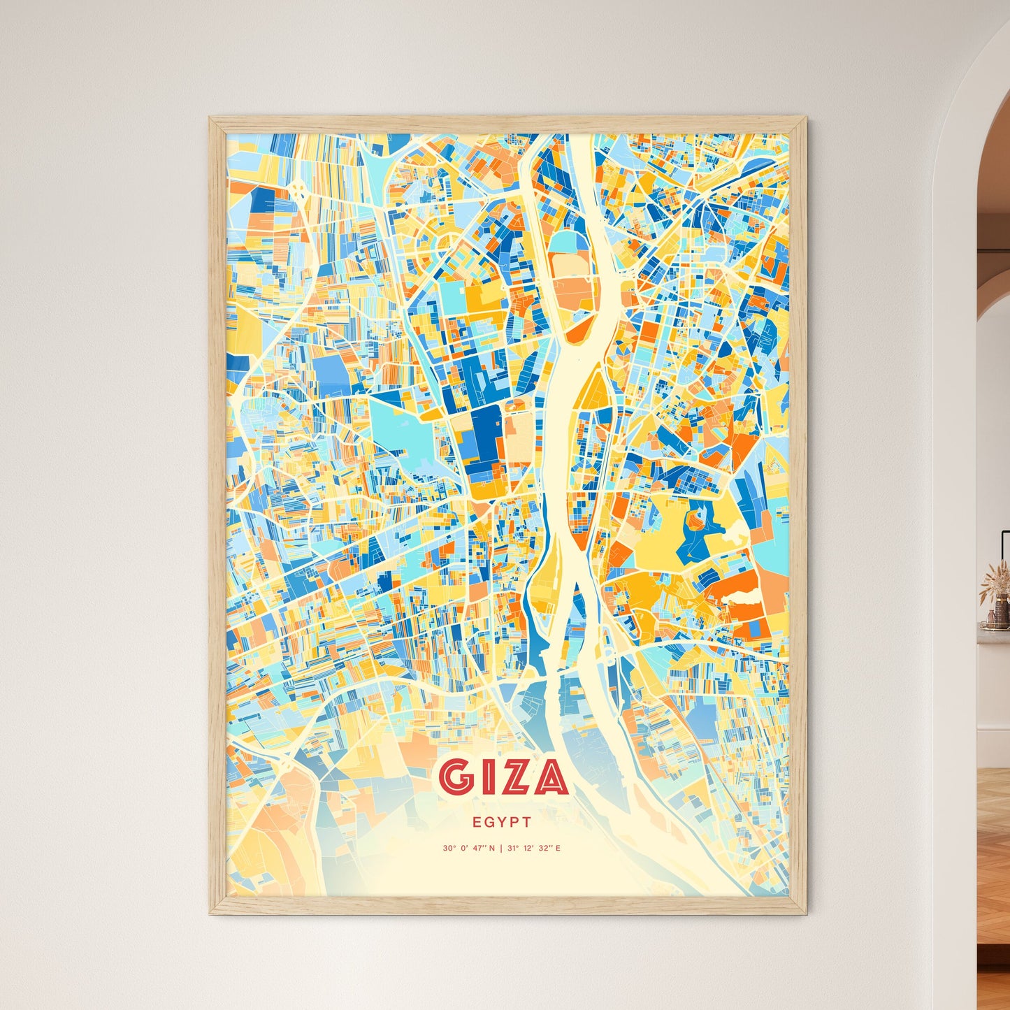Colorful Giza Egypt Fine Art Map Blue Orange