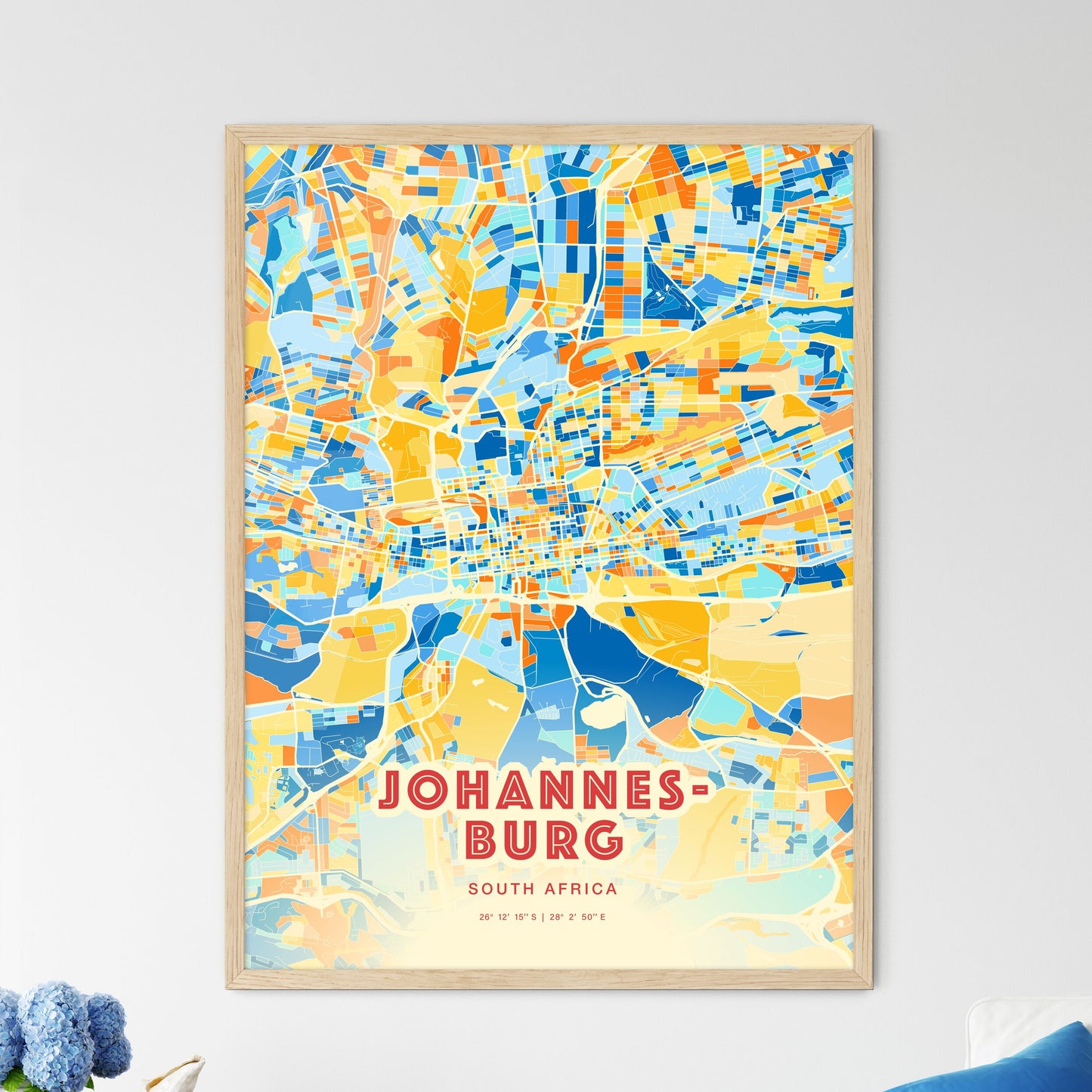 Colorful Johannesburg South Africa Fine Art Map Blue Orange