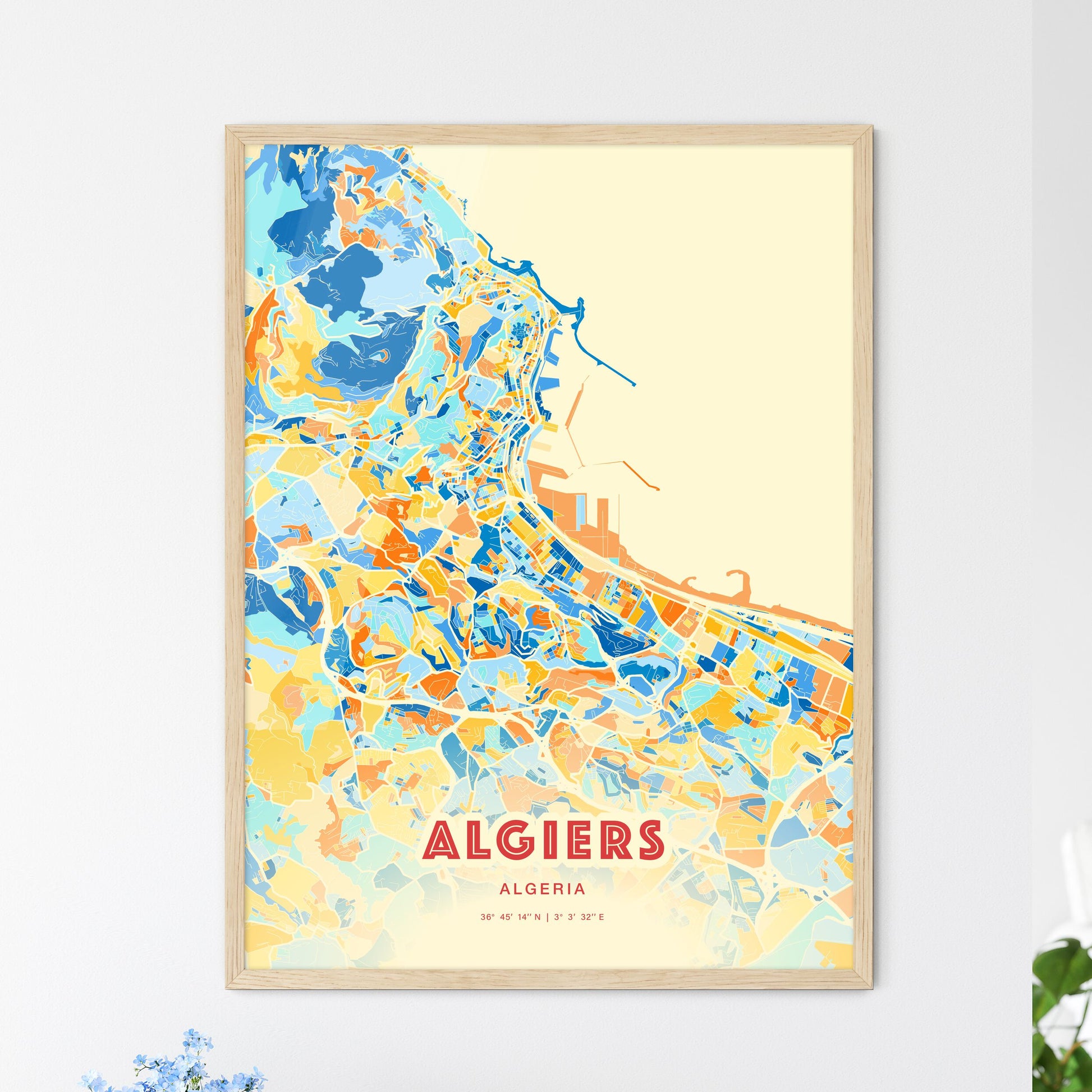 Colorful Algiers Algeria Fine Art Map Blue Orange