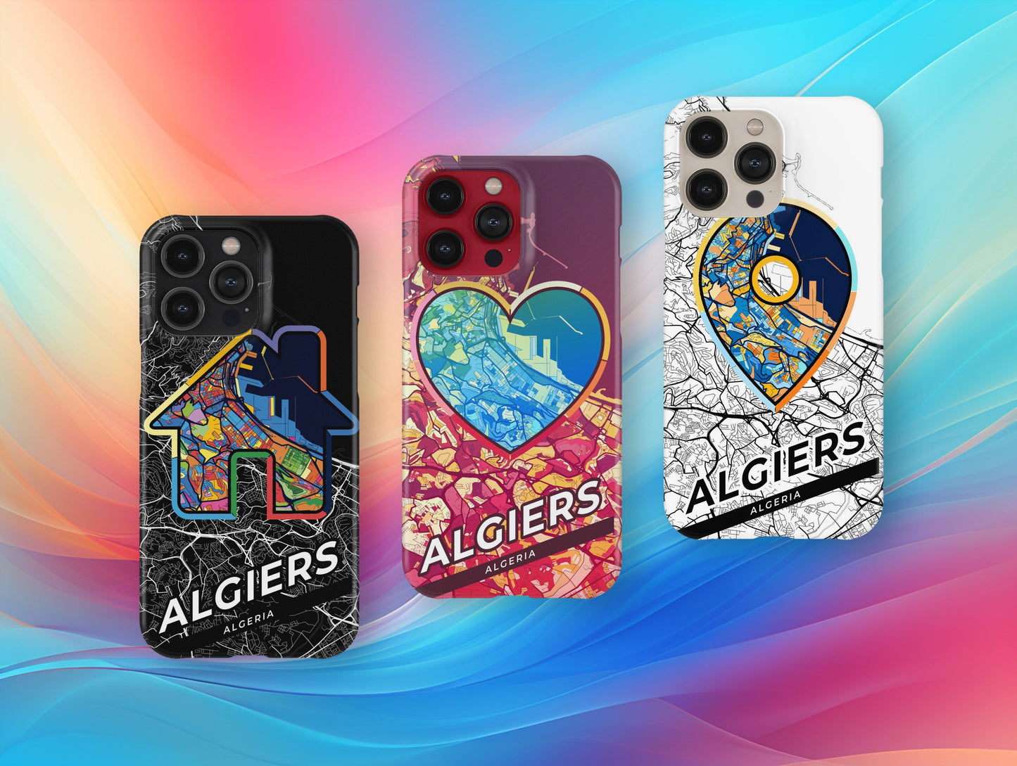 Algiers Algeria slim phone case with colorful icon. Birthday, wedding or housewarming gift. Couple match cases.