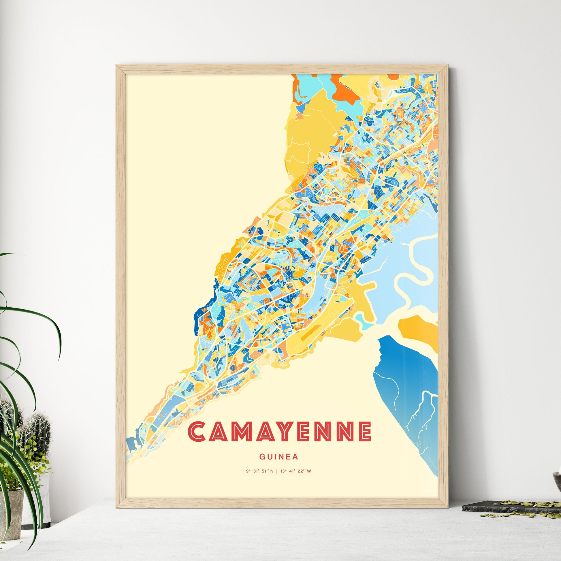 Colorful CAMAYENNE GUINEA Fine Art Map Blue Orange