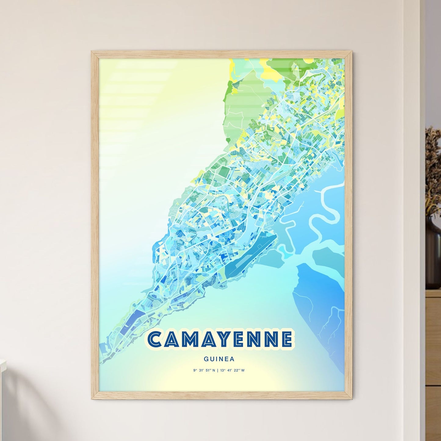 Colorful CAMAYENNE GUINEA Fine Art Map Cool Blue