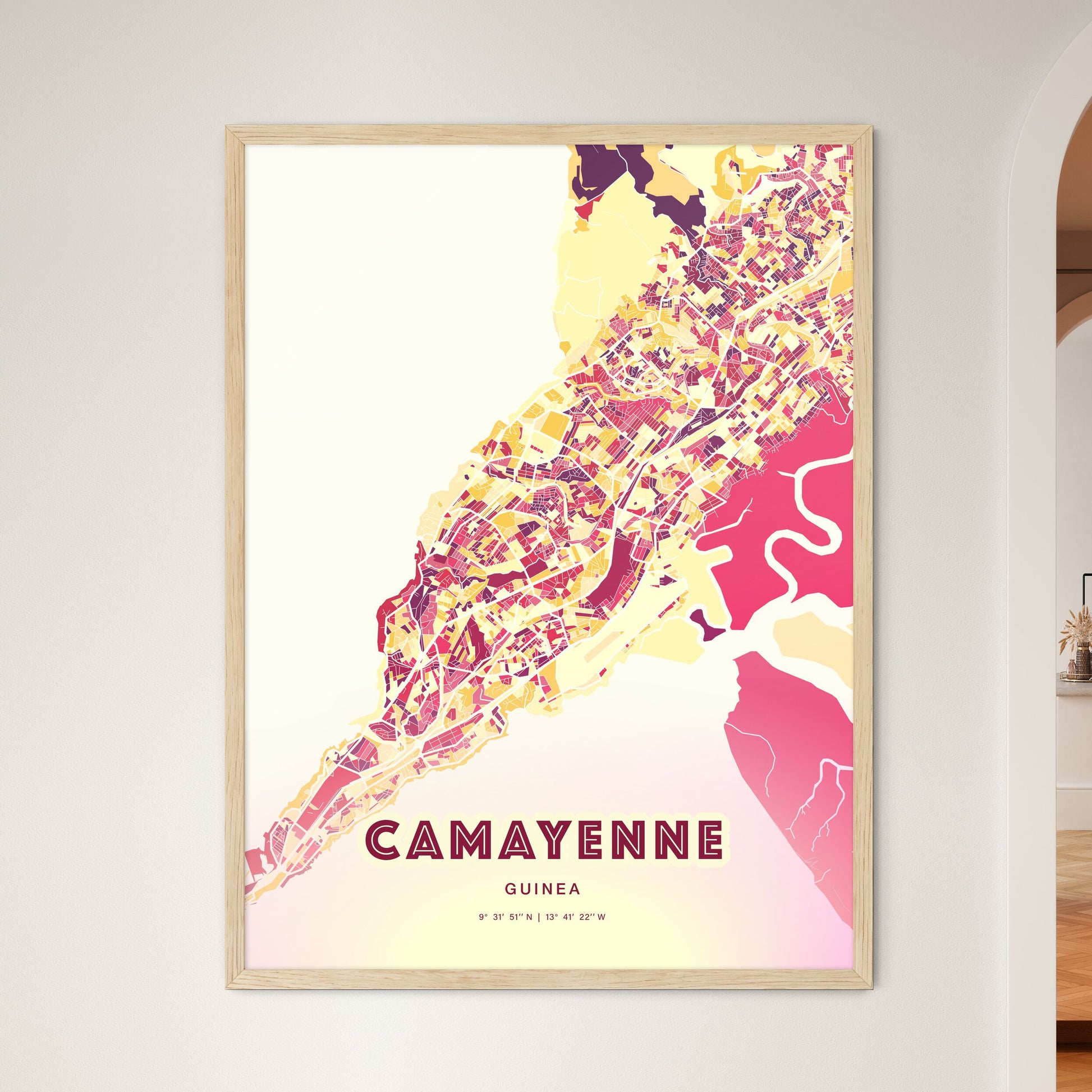 Colorful CAMAYENNE GUINEA Fine Art Map Hot Red