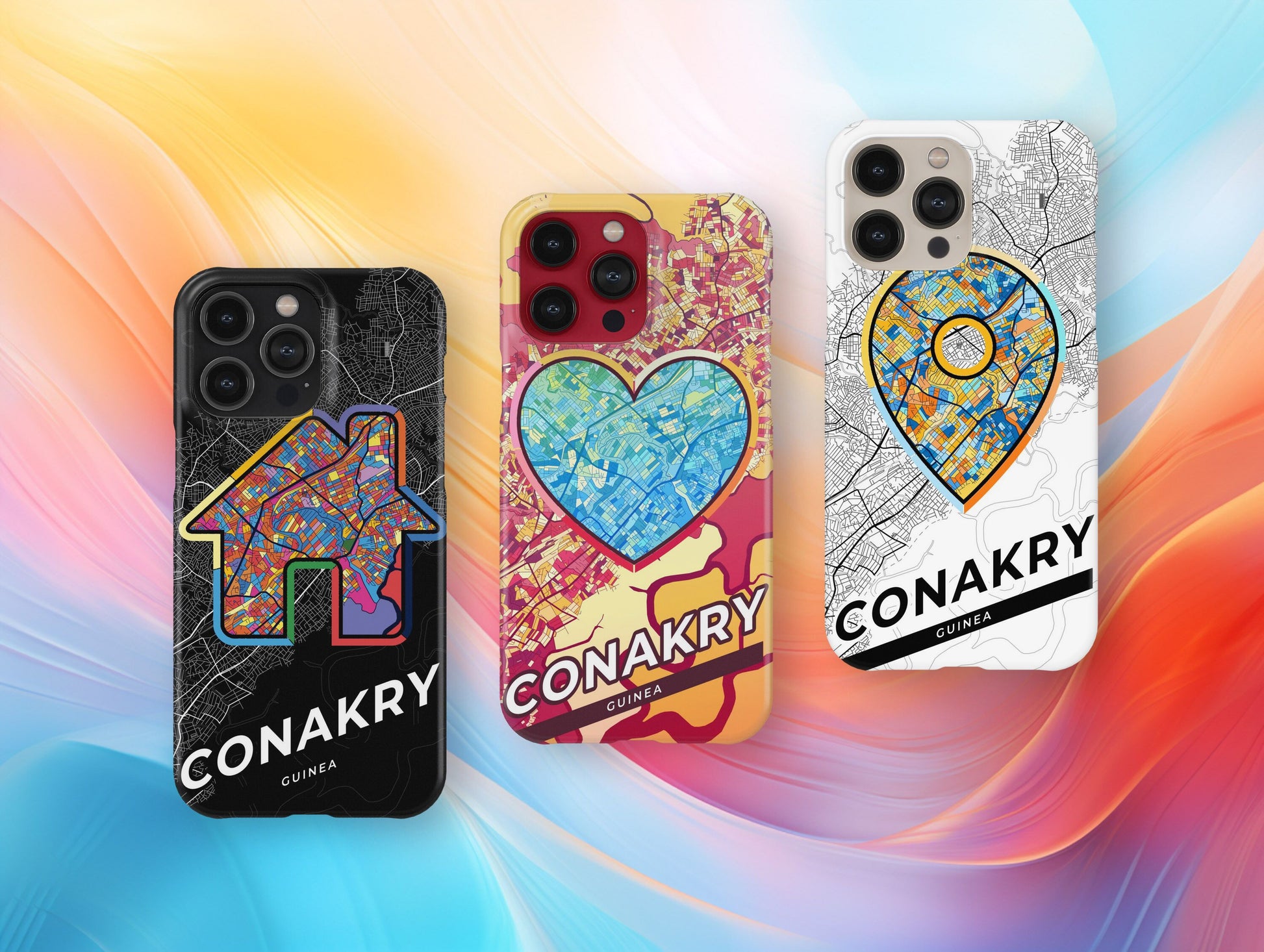Conakry Guinea slim phone case with colorful icon. Birthday, wedding or housewarming gift. Couple match cases.