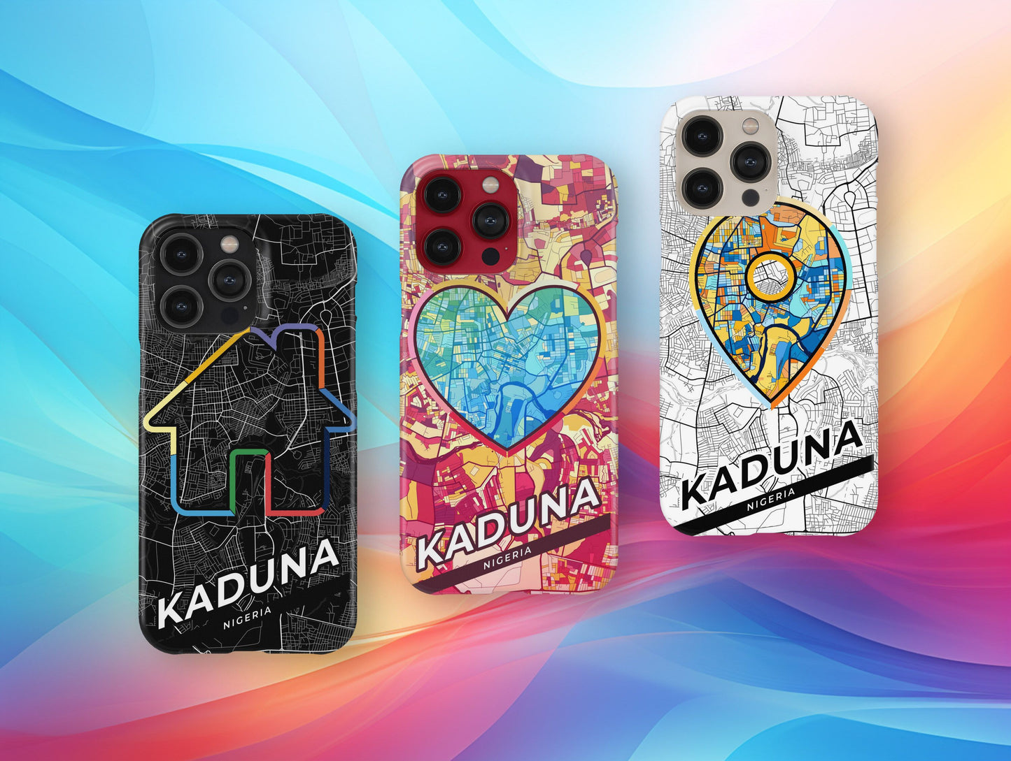 Kaduna Nigeria slim phone case with colorful icon. Birthday, wedding or housewarming gift. Couple match cases.