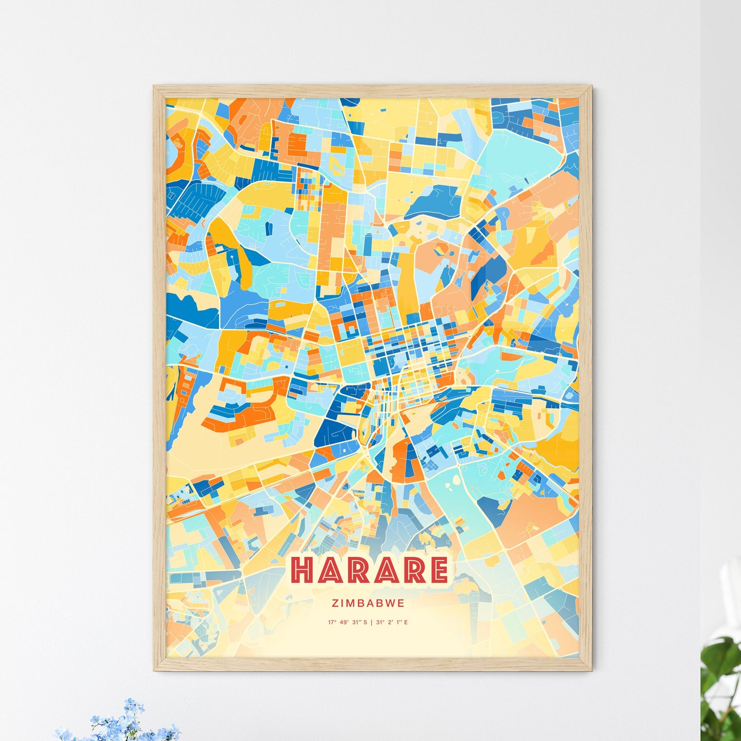 Colorful HARARE ZIMBABWE Fine Art Map Blue Orange